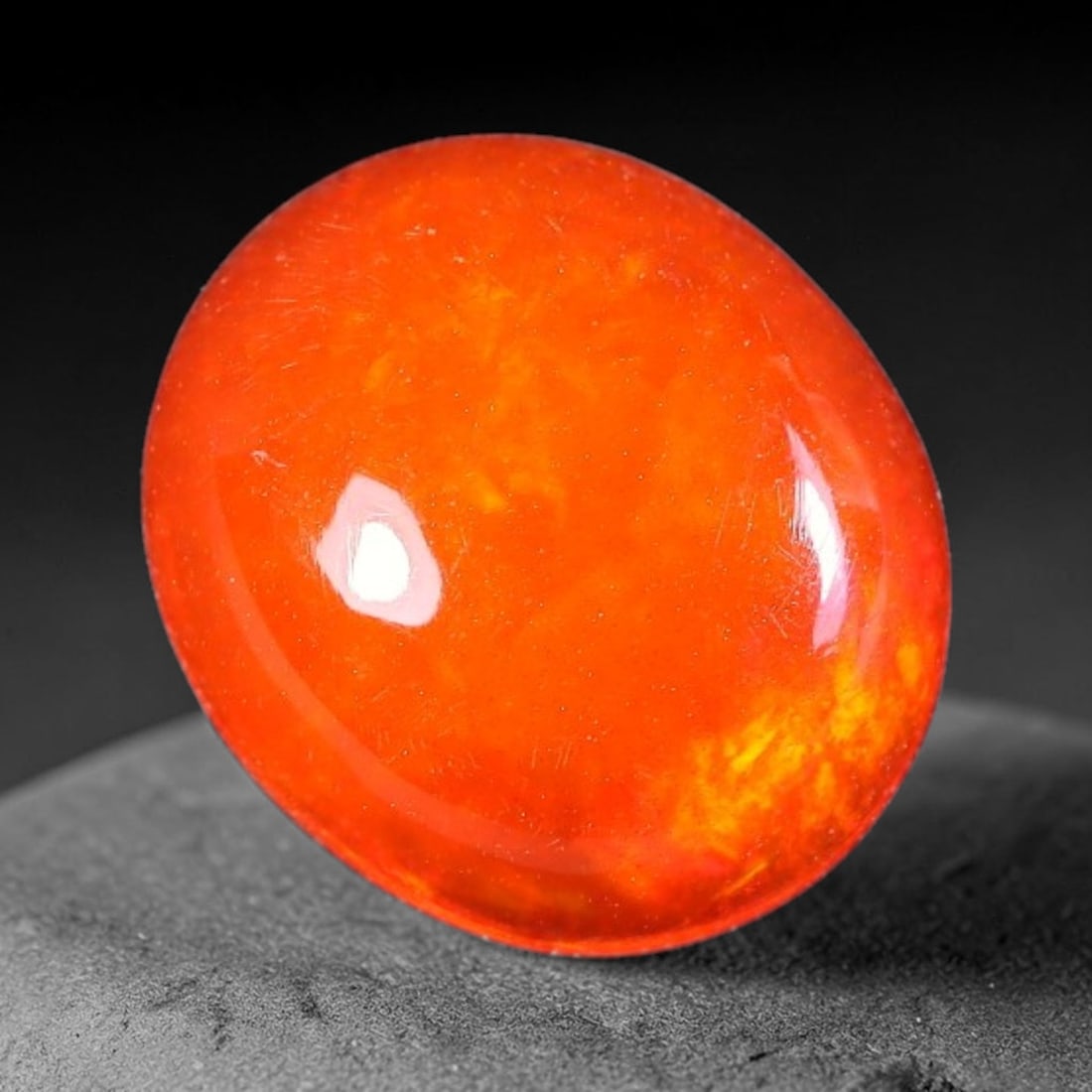 2.85ct Natural Ethiopian Welo Orange Fire Opal Cabochon Loose Gemstone, 63XX: This opal is sourced from Ethiopian Welo natural opal deposits and shaped into a smooth polished cabochon form with refined lapidary finishing work. Bright warm orange base accompanied by vivid intern