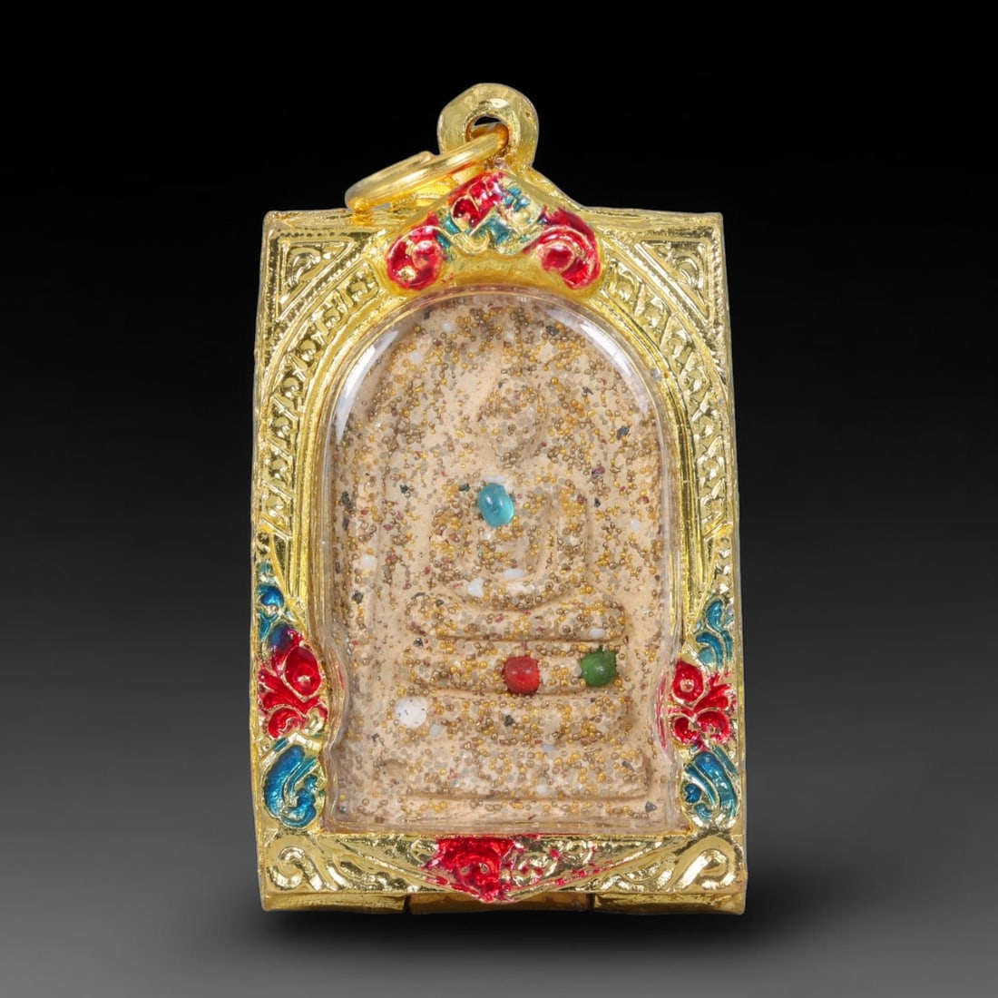 Thai Gilded Clay Metal Amulet Buddhist Votive Pendant, 40ZB: Constructed from fired clay with light gilded finishing layers, the piece uses traditional molded crafting techniques typical of Southeast Asian devotional artifacts. Its rectangular form follows stan