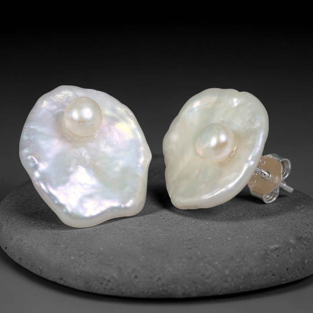Natural Keshi Baroque Pearl Petal Stud Earrings, 50WE: Handcrafted natural freshwater pearl stud earrings featuring organic flat petal-shaped baroque keshi pearl bases with a small smooth round central pearl set at the center of each piece. The pearlescen