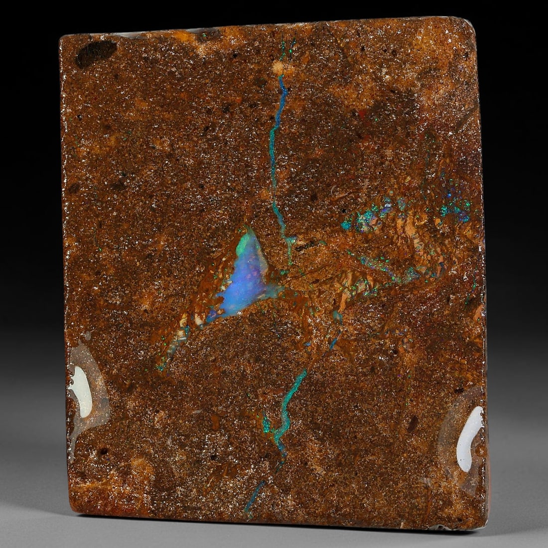 29.37ct Natural Australian Queensland Boulder Opal Sliced Slab Cutting Rough, 50YP: Natural sliced slab rough of Queensland boulder opal cutting grade, featuring rich color ironstone matrix with patterns. The face clearly reveals extensive opal veining and pocket formations running t