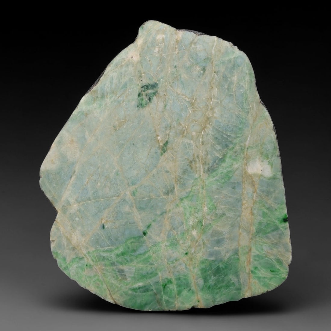 440ct Natural Type A Burmese Jadeite Jade Sliced Rough, 13YN: This specimen is a sliced rough block of natural Type A Burmese jadeite jade. The interior displays natural colour zoning with visible mineral veining and crystalline patterns typical of unprocessed j