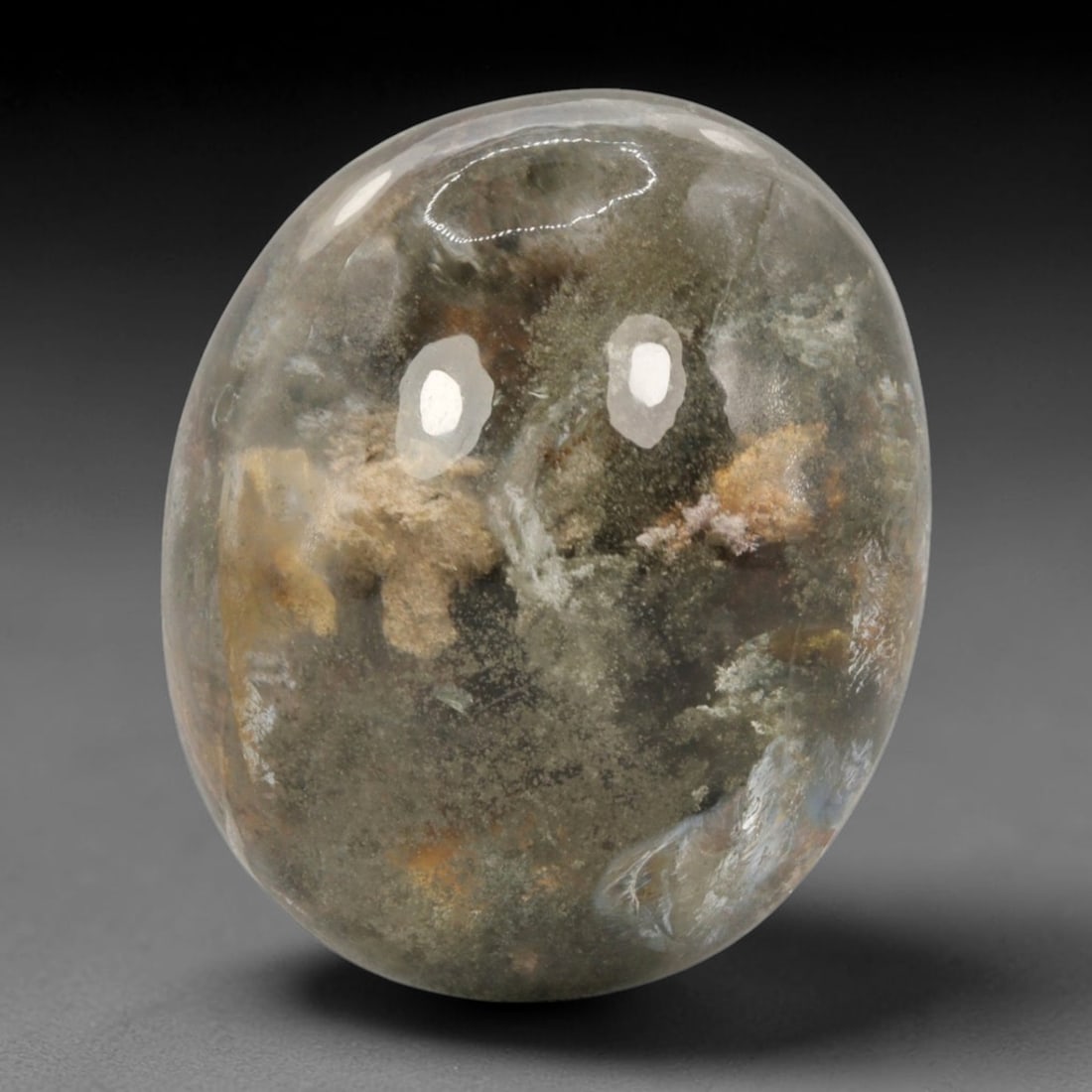 78.22 Carats Mossy Phantom Quartz Oval Cabochon - Natural Brazilian Stone, 93XB: This substantial 78.22 carat mossy phantom quartz cabochon, measuring 29.9 x 24.4 x 16.1 mm, presents a breathtaking natural scene captured in stone. Polished into a smooth, domed oval, the translucen