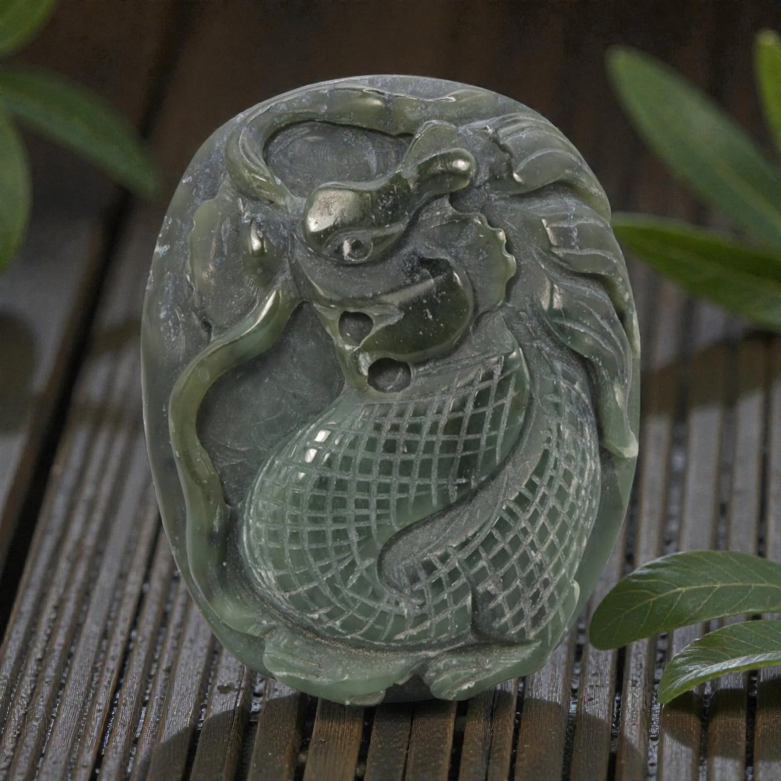 385 Carats Real Dark Green Jade Dragon Carved Pendant, 15YA: Hey there, friend! Let me tell you about this stunning jade dragon pendant, a real piece of hand-carved art! This one's a solid, weighty piece at 385 carats, measuring 51x41x20mm, with a small hole at