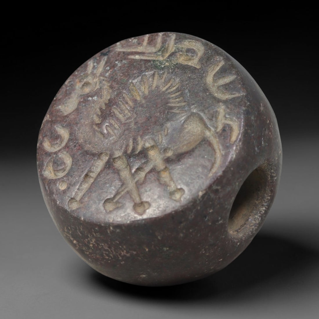 Ancient Sasanian Hand Engraved Steatite Stamp Seal Talisman, 13WT: Miniature antique perforated sealing artifact hand-carved from dense natural steatite soft stone, originating from the wide-reaching cultural and administrative traditions of the Sasanian Persian Empi
