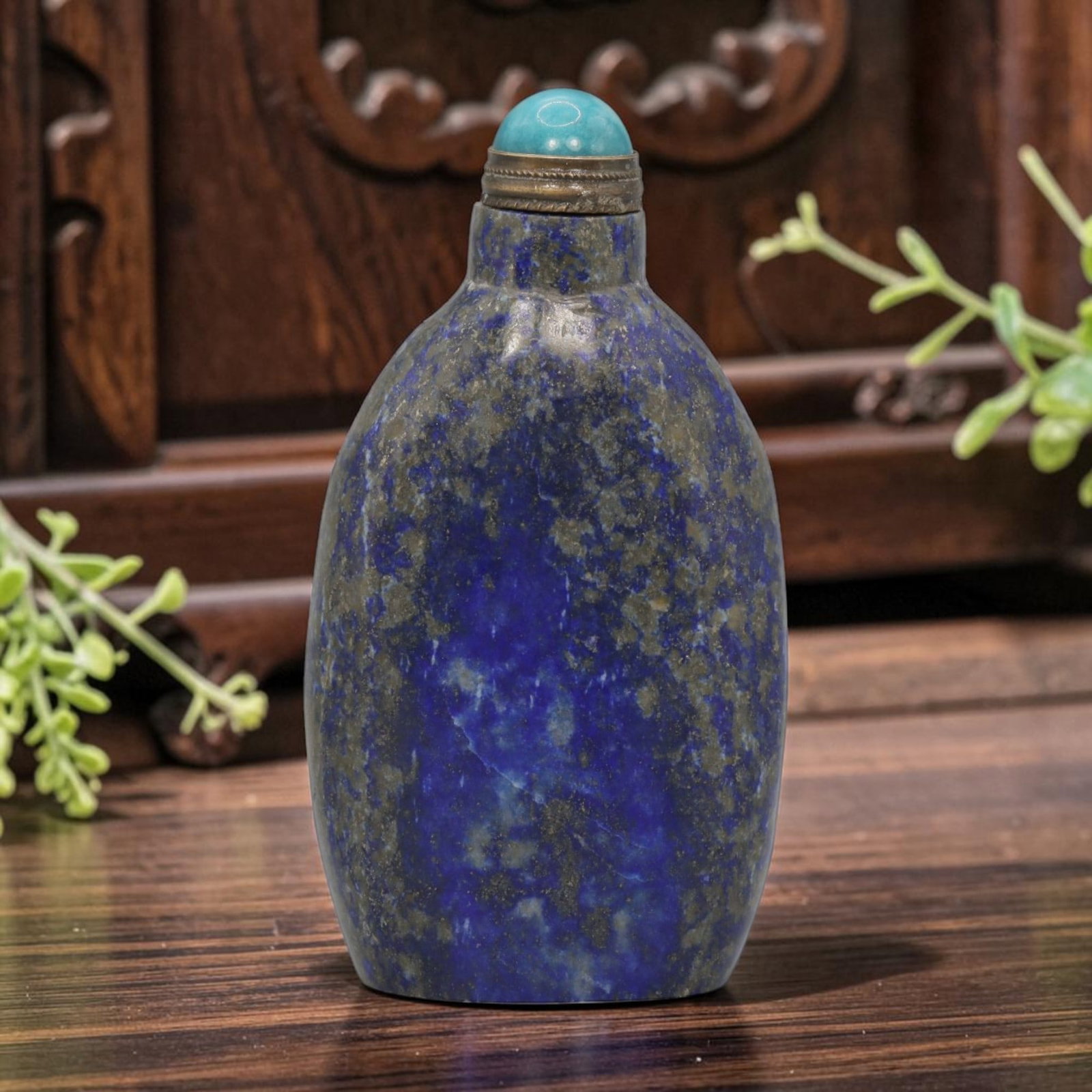 Vintage Chinese Lapis Lazuli Snuff Bottle - Natural Patinated Form, 50YF: Crafted from solid lapis lazuli, this vintage Chinese snuff bottle features a smooth, polished form with natural patination. The stone exhibits a rich deep blue hue with heavy pyrite inclusions and gr