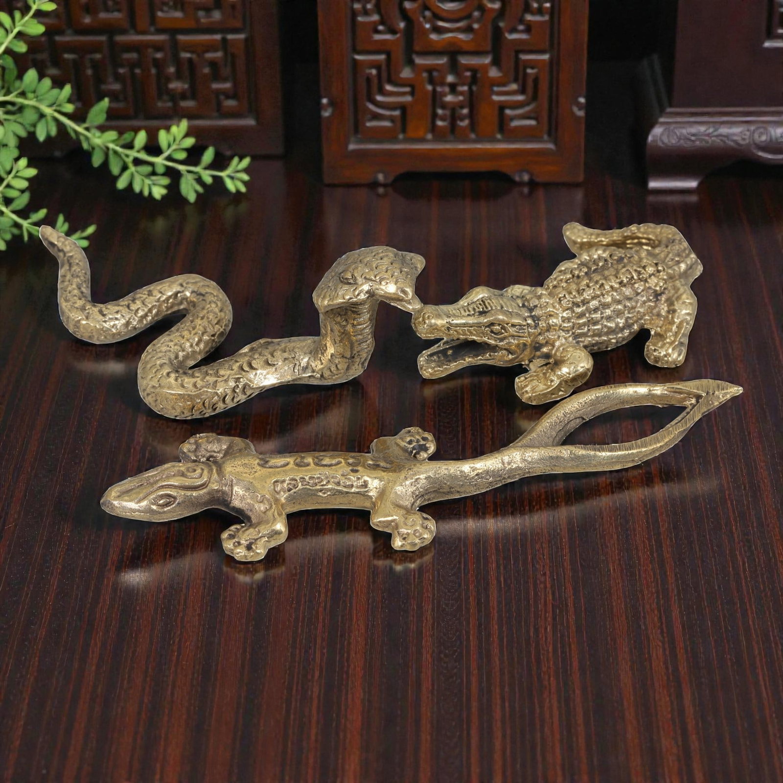 Thai Vintage Copper Alloy Animal Devotional Figures - 3pcs Set, 85ZB: This set of three devotional figures is crafted from copper alloy, exhibiting a warm golden patina and the characteristic surface wear of vintage Thai folk religious art. The pieces depict stylized sn
