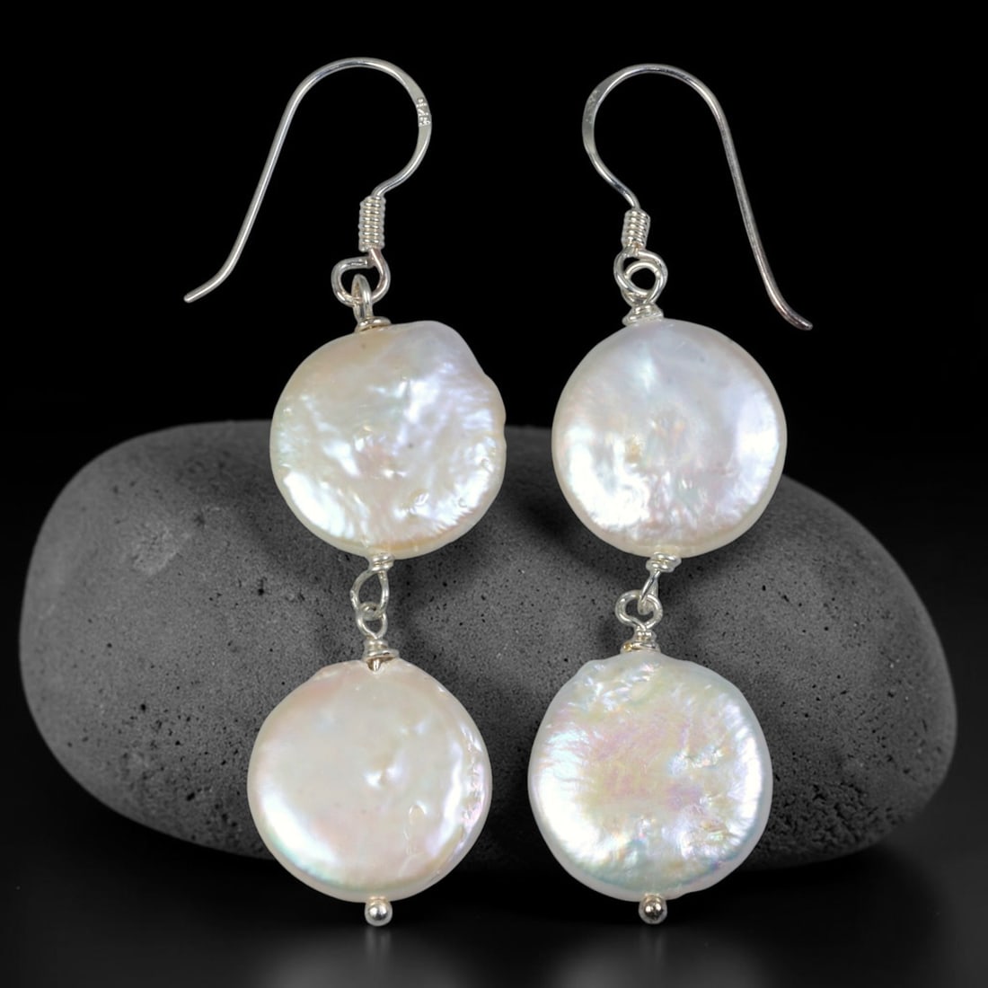 Double Coin Keshi Baroque Pearl Layered Drop Earrings, 33WE: Handcrafted two-tier dangle earrings featuring paired flat coin-shaped keshi baroque freshwater pearls per side. Each individual coin pearl measures 13.5x4.4mm, showcasing smooth undulating organic na