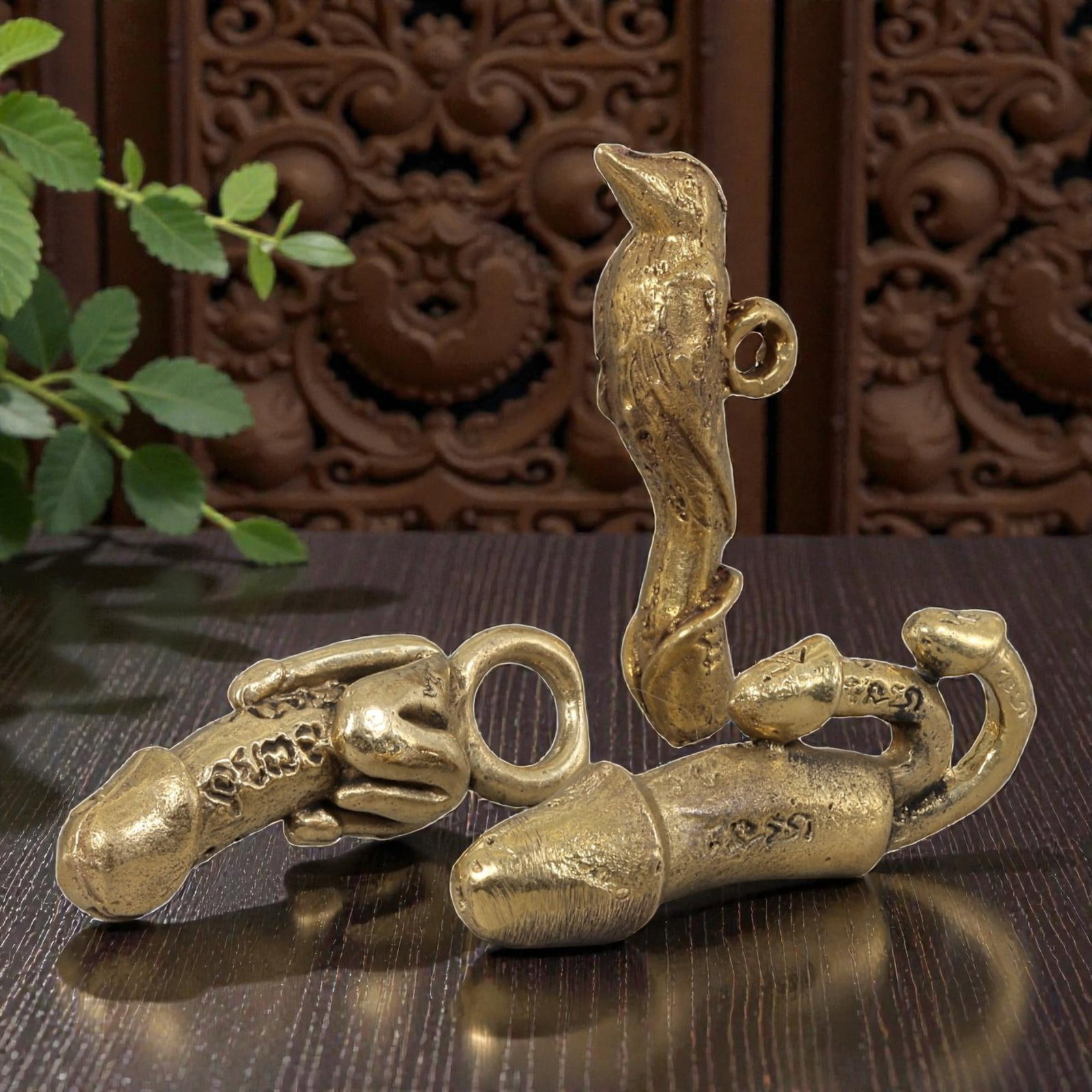 Thai Vintage Copper Alloy Phallic Amulets - 3pcs Set, 72ZB: This set of three devotional amulets is crafted from copper alloy, exhibiting a warm golden patina and subtle surface wear consistent with vintage Thai folk religious objects. Each piece features styl
