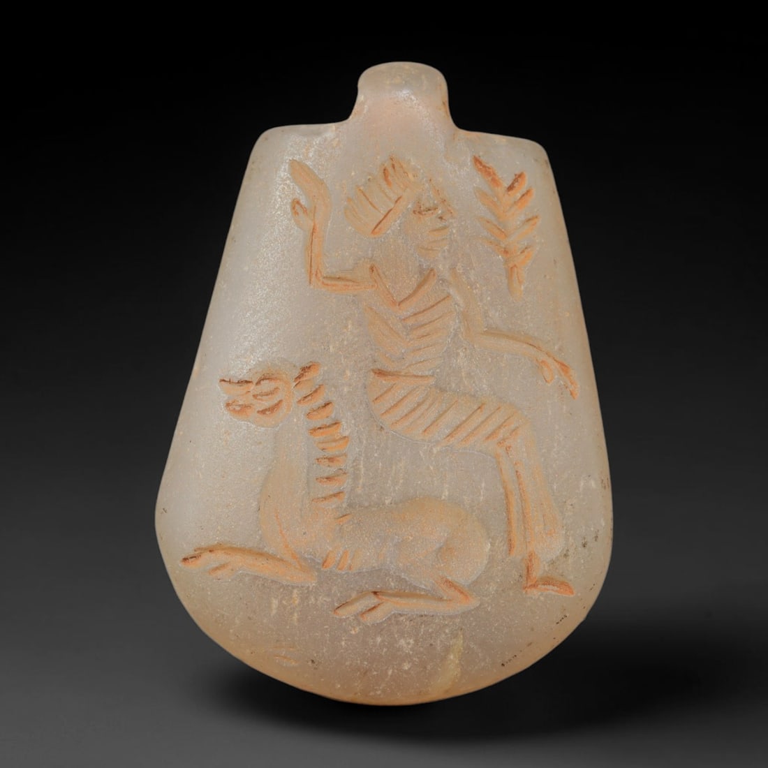 Ancient Sasanian Hand Engraved Chalcedony Plaque Amulet, 41WT: Mid-sized antique wearable sacred tablet expertly carved from natural translucent chalcedony mineral, originating from ancient Sasanian Persian cultural and devotional craft traditions. Chalcedony was