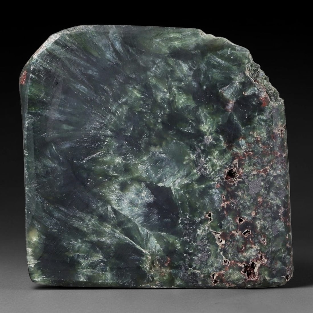 106ct Natural Siberian Seraphinite Polished Rough Slab, 17WV: This polished mineral slab is natural seraphinite originating from Siberian deposits, displaying characteristic radiating crystalline fibrous formations with layered deep forest and silvery green band
