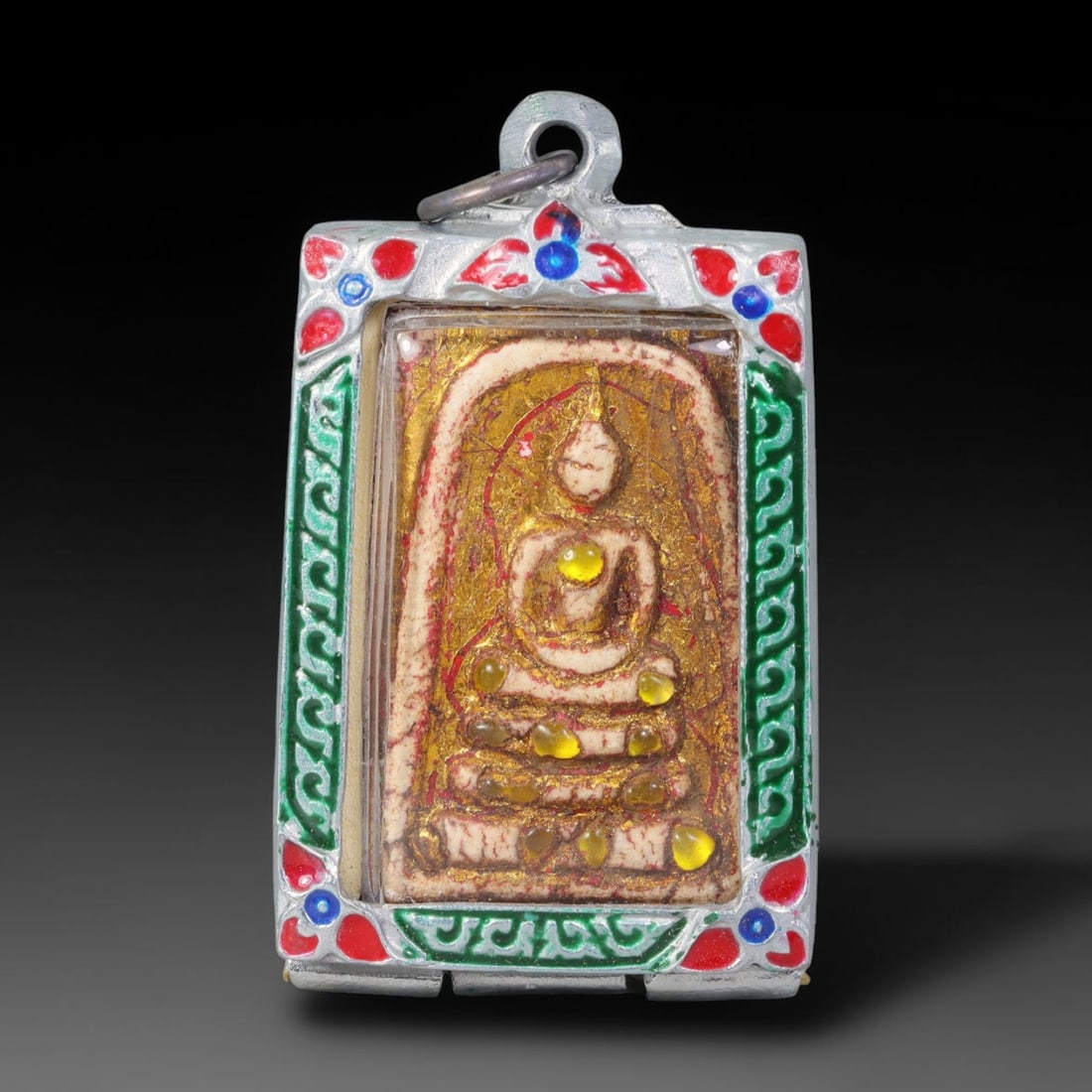 Thai Gilded Clay Metal Amulet Buddhist Votive Pendant, 25ZB: Formed from fired clay with applied gilded surface layers, the piece uses traditional molding techniques characteristic of Southeast Asian devotional craft. The construction adheres to standard region