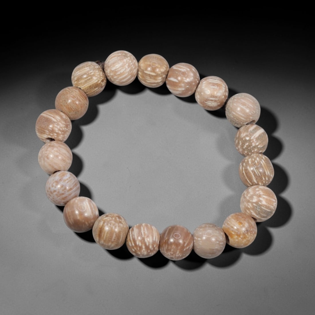 A Fossilised Wood Bead Bracelet, 20th Century, 52ZK: Composed of a single strand of spherical fossilised wood beads forming a circular bracelet. The beads exhibit natural tonal variation from pale beige to light brown, with distinct linear and spotted o
