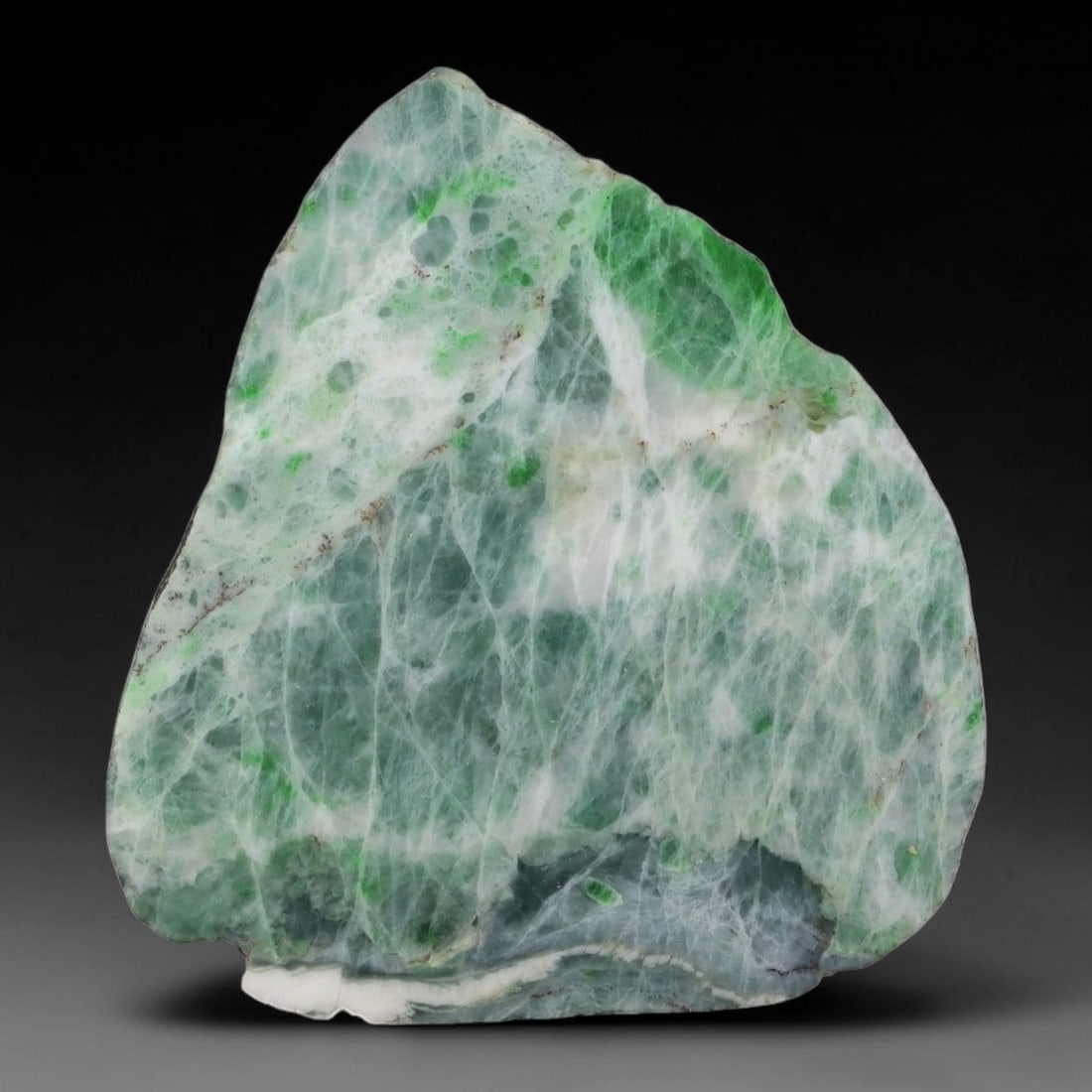 123ct Natural Type A Burmese Jadeite Jade Sliced Rough, 75YN: This specimen is a sliced rough block of natural Type A Burmese jadeite jade. The interior displays natural colour zoning with visible mineral veining and crystalline patterns typical of unprocessed j