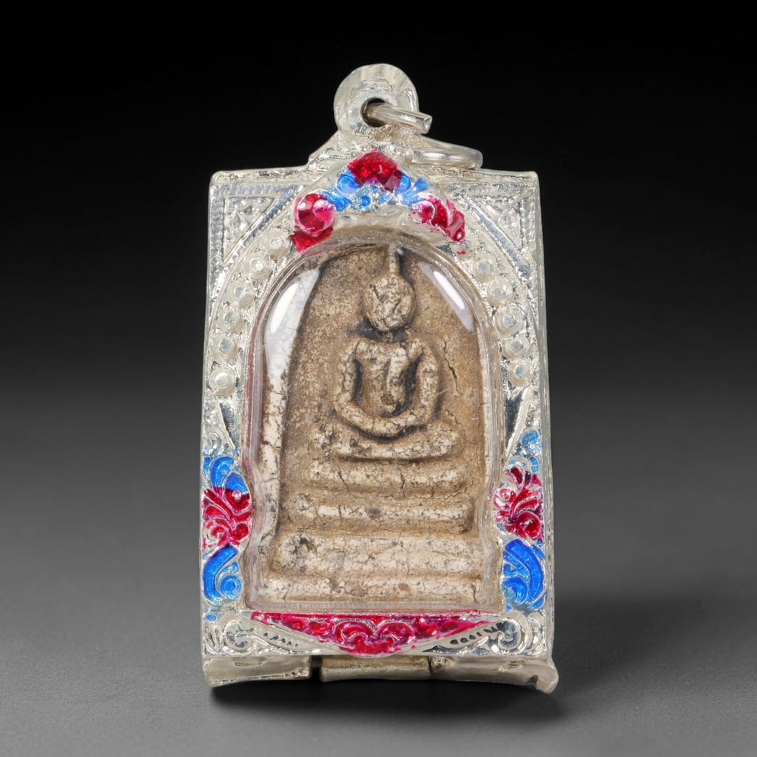 Thai Gilded Clay Metal Amulet Buddhist Votive Pendant, 42ZB: Formed from fired clay with subtle gilded finishing, the artifact uses traditional molded crafting techniques widely seen in Southeast Asian devotional craftwork. Its rectangular shape conforms to sta