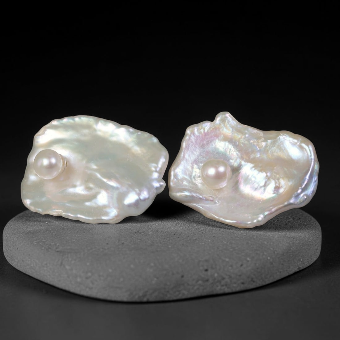 Natural Keshi Baroque Pearl Petal Stud Earrings, 49WE: Handcrafted natural freshwater pearl stud earrings featuring organic flat petal-shaped baroque keshi pearl bases with a small smooth round central pearl set at the center of each piece. The pearlescen
