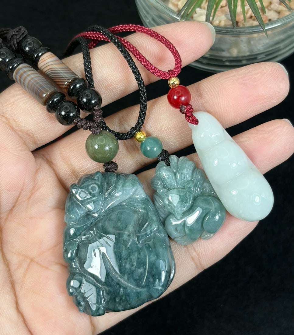Lot of 3 Hand Carved Natural Burmese Type A Jadeite Jade Rope Pendant Necklaces, 85YJ: This three-piece set features genuine natural Burmese Type A jadeite jade pendants with distinct hand-carved motifs: large dark mottled jade frog & lotus plaque, deep teal nine-tailed fox carving, and