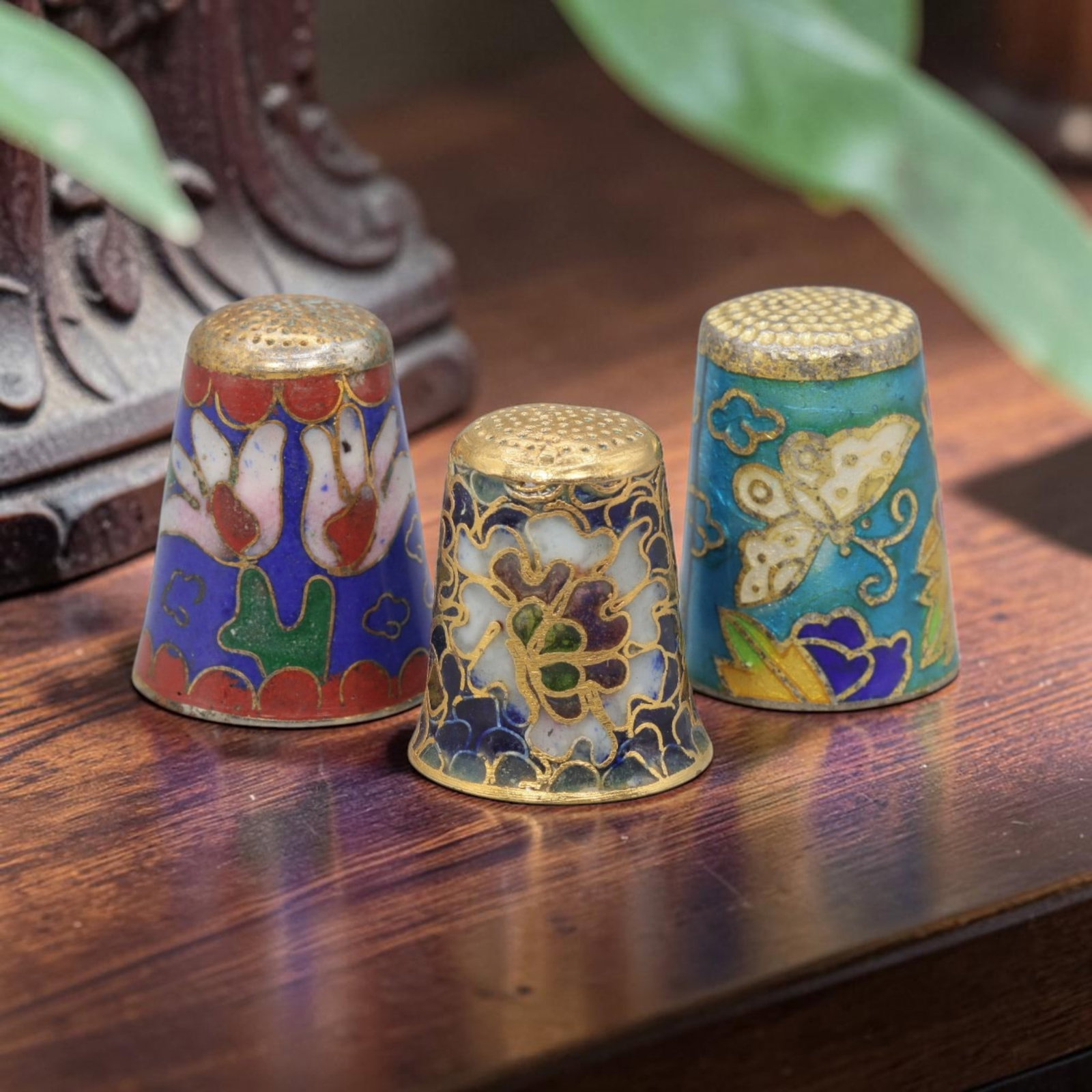 Vintage Chinese Copper Cloisonne Thimble Set of 3 - Floral & Butterfly Sewing Collectibles, 26YF (1 of 1)