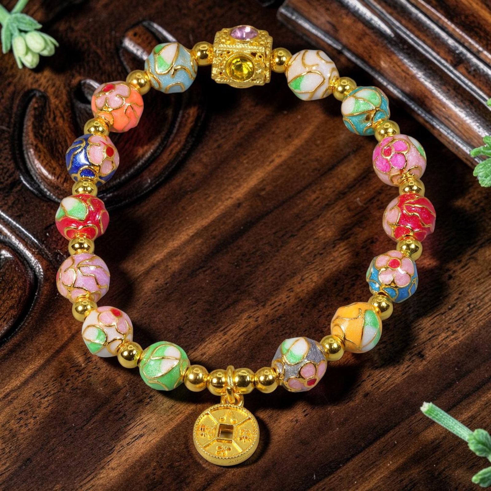 Chinese Cloisonne Enamel Beaded Bracelet - Multi Color Gold Coin Charm, 88YG: This modern Chinese revival stretch bracelet is constructed with round cloisonne enamel beads measuring 8.50 millimeters, each adorned with multi-toned floral enamel inlays bordered by raised gold-ton