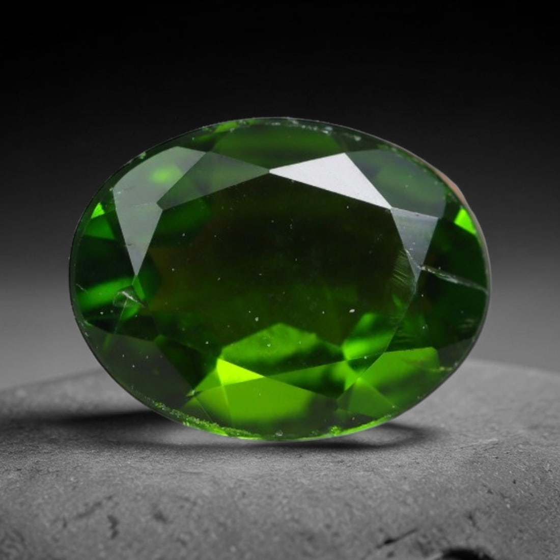 1.03 Carats Natural Vivid Chrome Green Chrome Diopside Oval Faceted Loose Gemstone, 47WS: This striking chrome diopside faceted oval stone showcases vivid intense chrome green color illuminated through crisp polished step facets, with fine tiny natural mineral speckles visible within the t