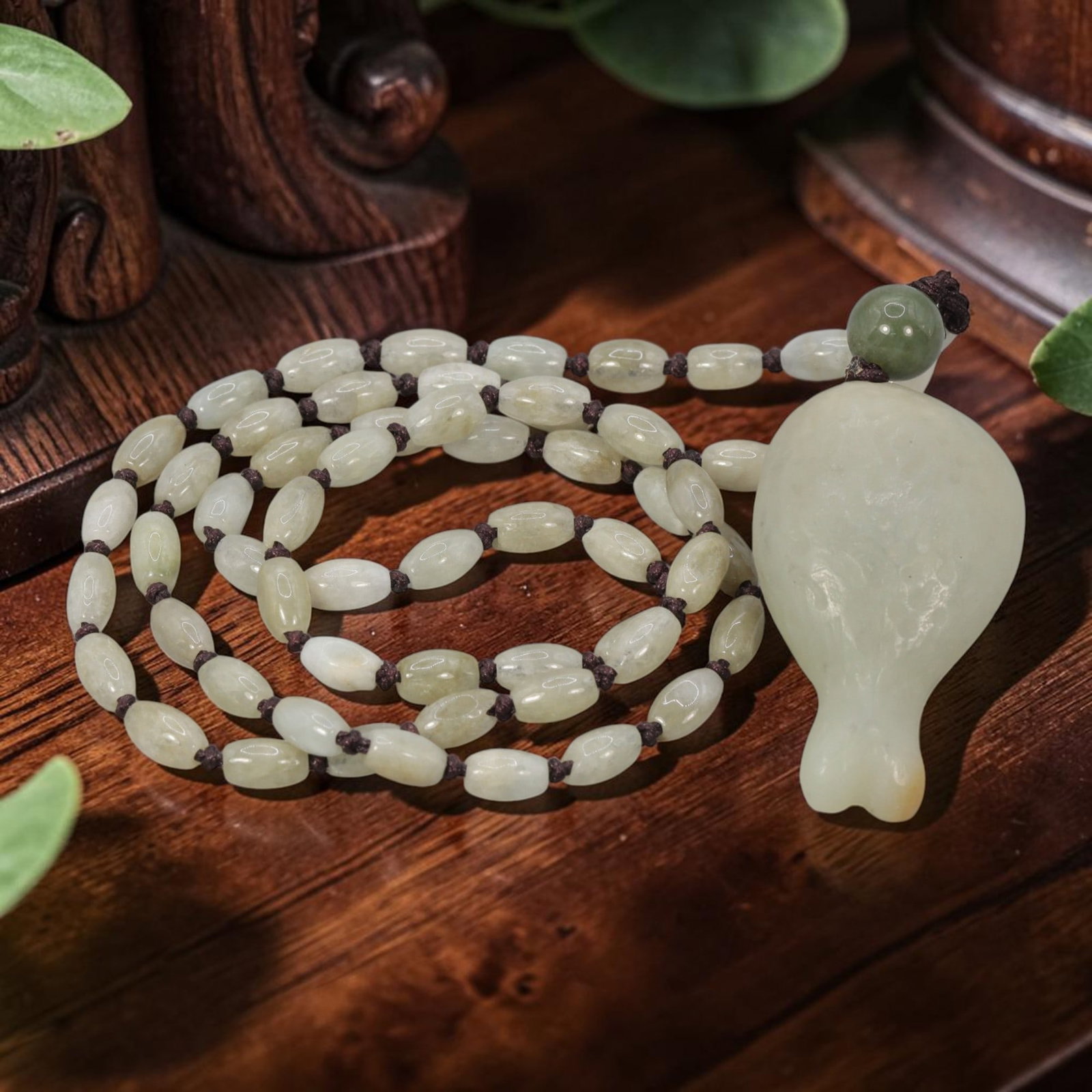 Burmese Jadeite Beaded Necklace with Natural Chinese Jade Fish Pendant, 65YJ: This necklace features a hand-carved natural Chinese jade fish pendant paired with natural Burmese jadeite pebble beads, strung on a brown cord. The pendant is crafted from pale creamy-white jade, dep