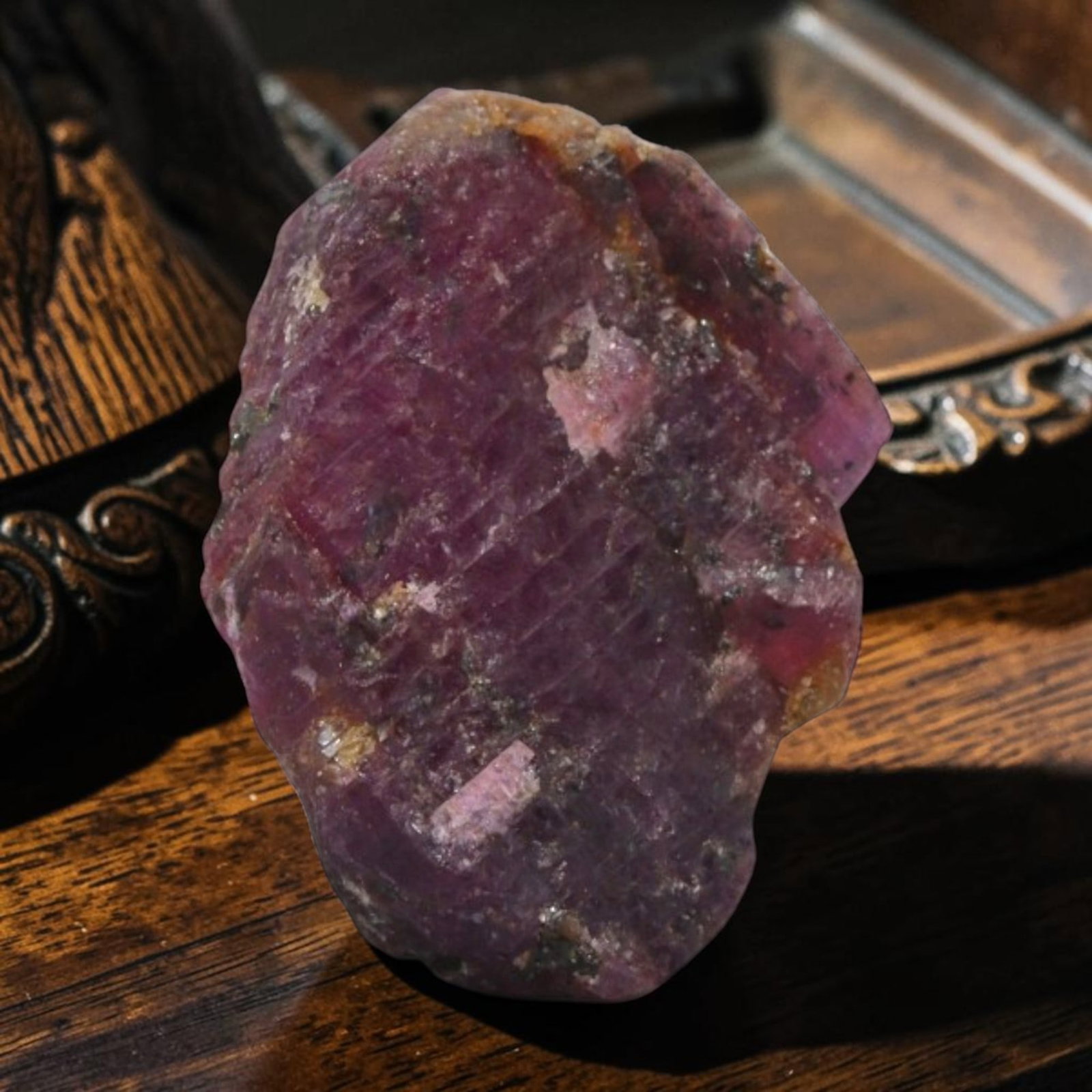 8.31ct Natural Mauritania Ruby Rough (Unheated), 77XE: This unheated Mauritania ruby rough is a captivating natural crystal specimen, featuring vivid magenta-purple ruby formations embedded in a contrasting greyish matrix. The stone's rugged, unpolished s