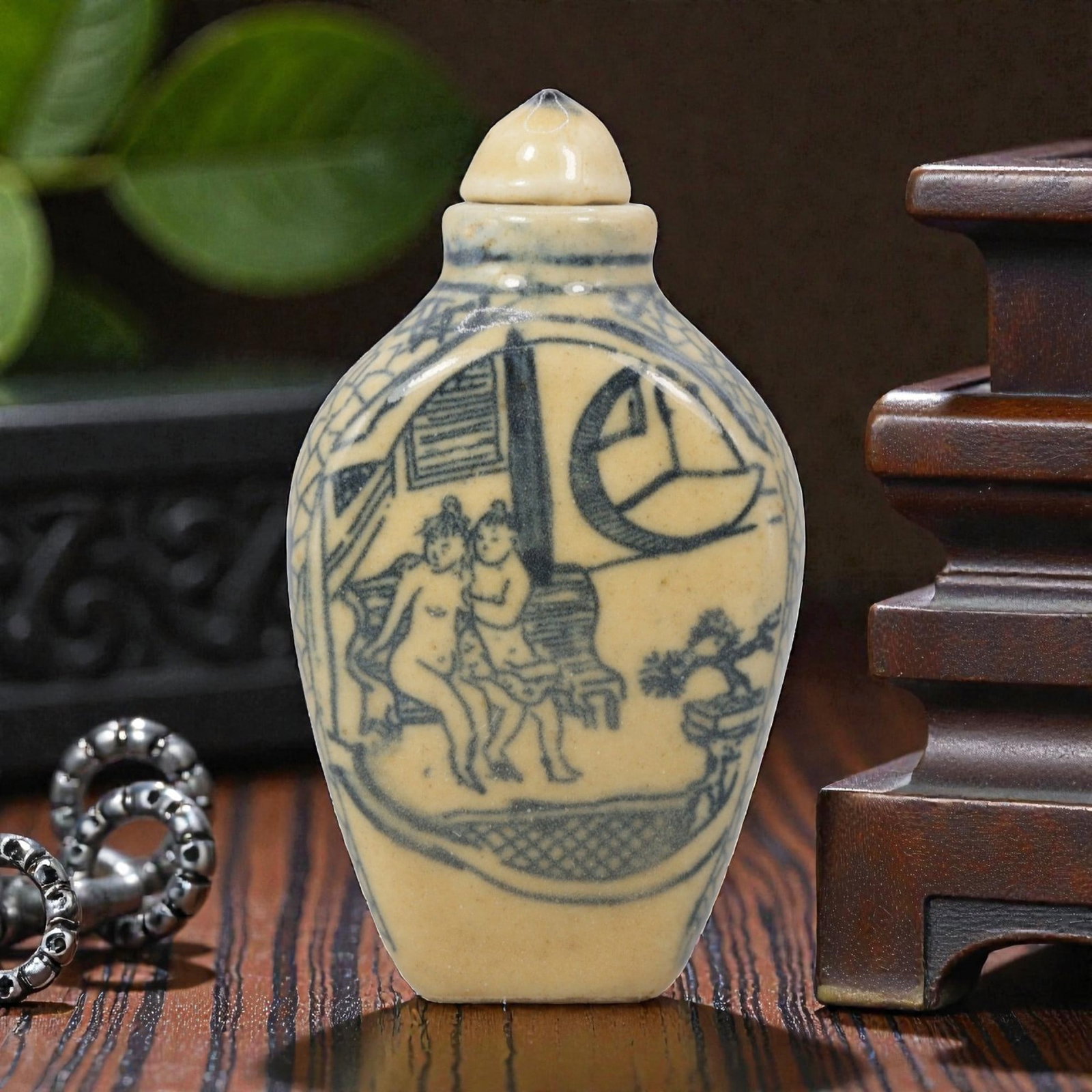 A Chinese Porcelain Snuff Bottle, 20th Century, 11YD: Crafted from porcelain with a pale cream glaze and decorated in underglaze blue, the snuff bottle features a rounded, slightly tapering body, a short cylindrical neck, and a domed stopper. The main su