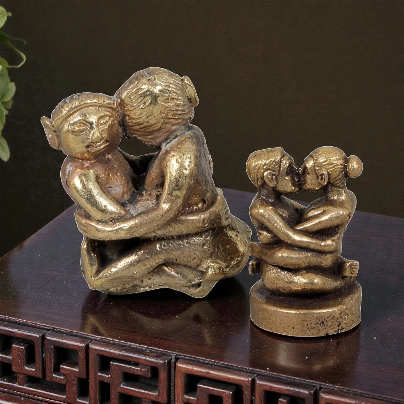 Thai Vintage Copper Alloy Fertility & Love Devotional Amulets - 2pcs Set, 74ZB: This pair of devotional amulets is crafted from copper alloy, exhibiting a warm golden patina and subtle surface wear consistent with vintage Thai folk religious objects. Each piece depicts a stylized