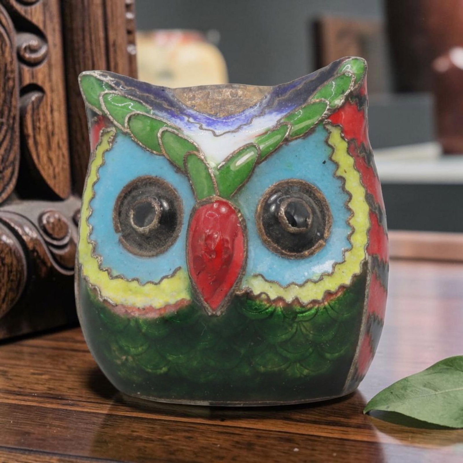 Vintage Chinese Copper Cloisonne Owl Figurine - Enamel Bird Statue, 12YF: Crafted from copper base metal with fine cloisonne wire filigree and hand-fired polychrome enamel glazes, this whimsical miniature owl figurine features vibrant multi-colored detailing across its face