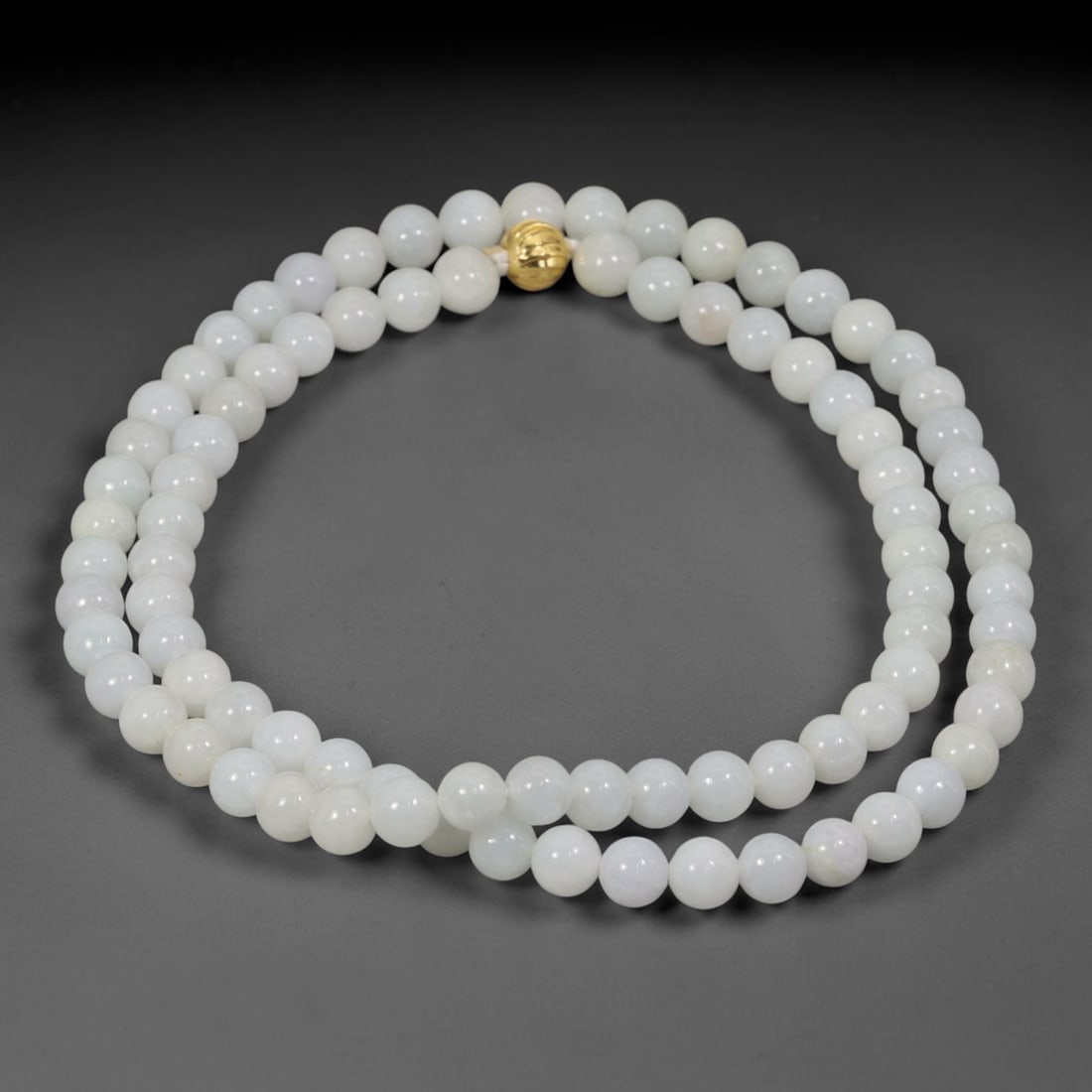 Natural Burmese Type A Pure White Jadeite Jade Beaded Necklace, 9WY: Crafted from natural untreated Burmese Type A jadeite, each spherical bead presents a uniform pale white mineral composition formed by natural geological crystallization, finished with consistent lapi