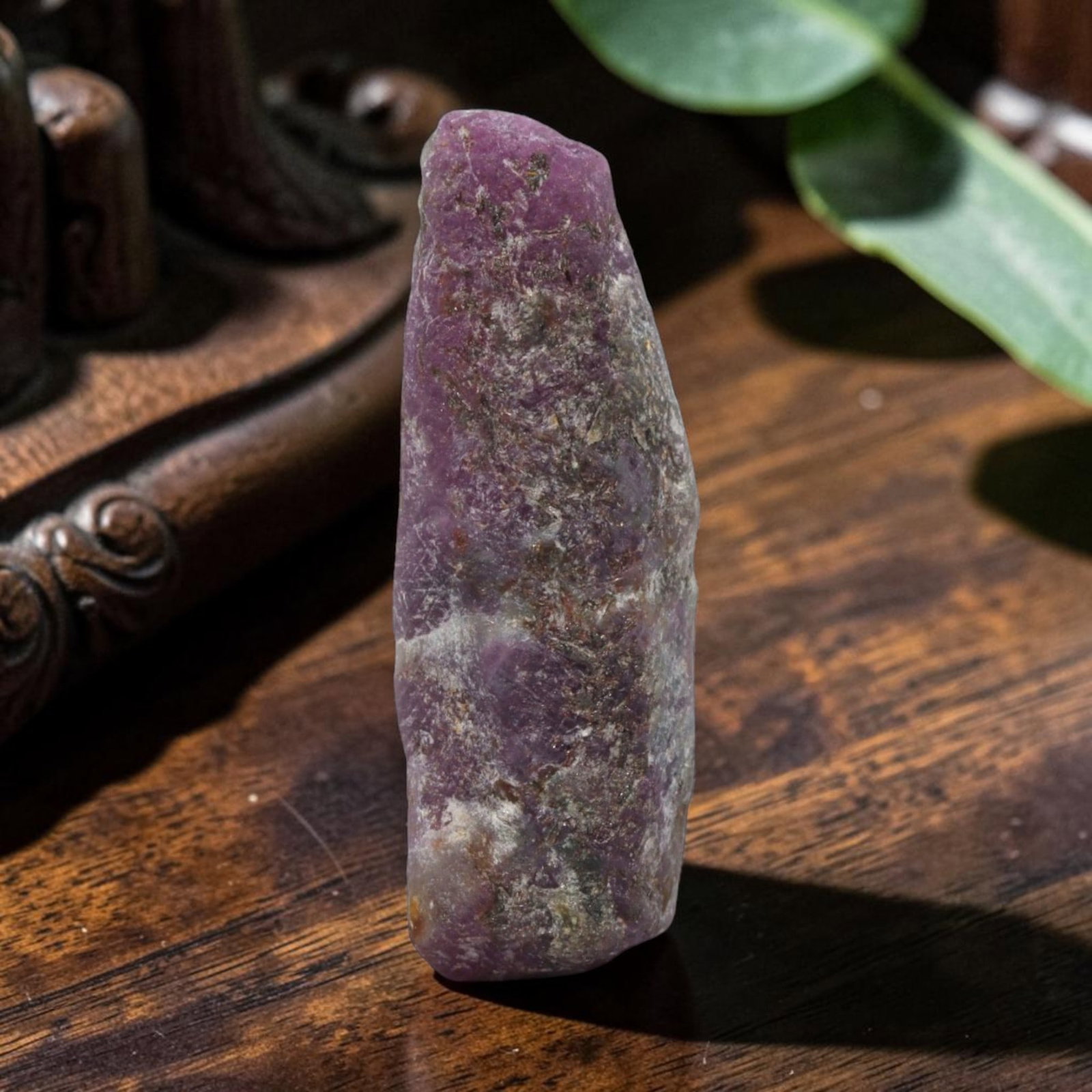 15.11ct Natural Mauritania Ruby Rough (Unheated), 69XE: This unheated Mauritania ruby rough is a captivating natural crystal specimen, featuring vivid magenta-purple ruby formations embedded in a contrasting greyish matrix. The stone's rugged, unpolished s