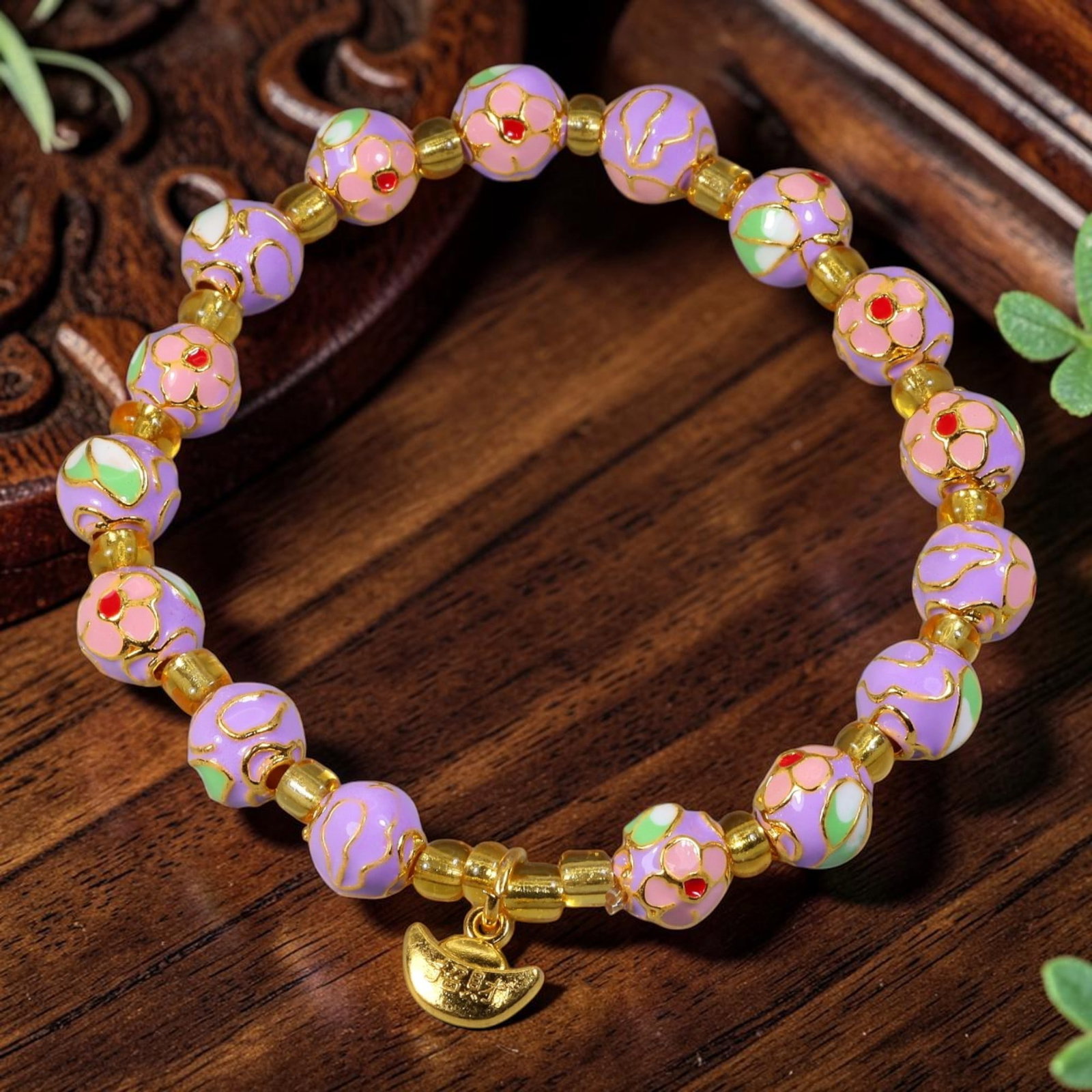 Chinese Cloisonne Enamel Beaded Bracelet - Lavender Gold Wealth Ingot Charm, 78YG: This modern Chinese revival stretch bracelet features round cloisonne enamel beads measuring 8.10 millimeters, finished in soft lavender enamel with two alternating decorative motifs: raised gold-tone