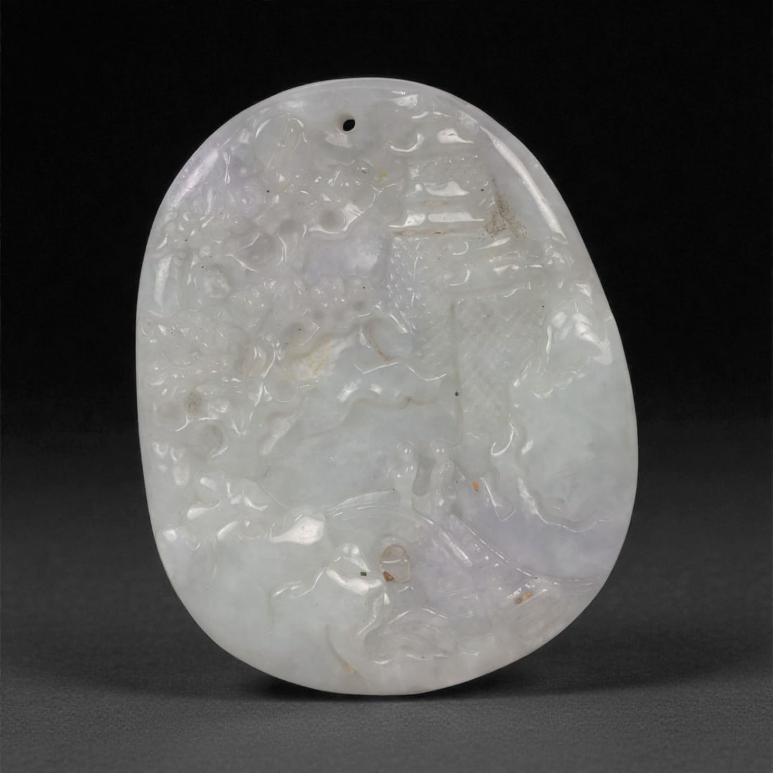 Natural Type A Burmese Jadeite Jade Pendant Plaque - Carved Stone Relief, 65ZD: Carved from pale celadon jade with soft translucency and faint lavender undertones, this oval pendant plaque is worked in shallow relief with layered decorative motifs, the composition articulated thr