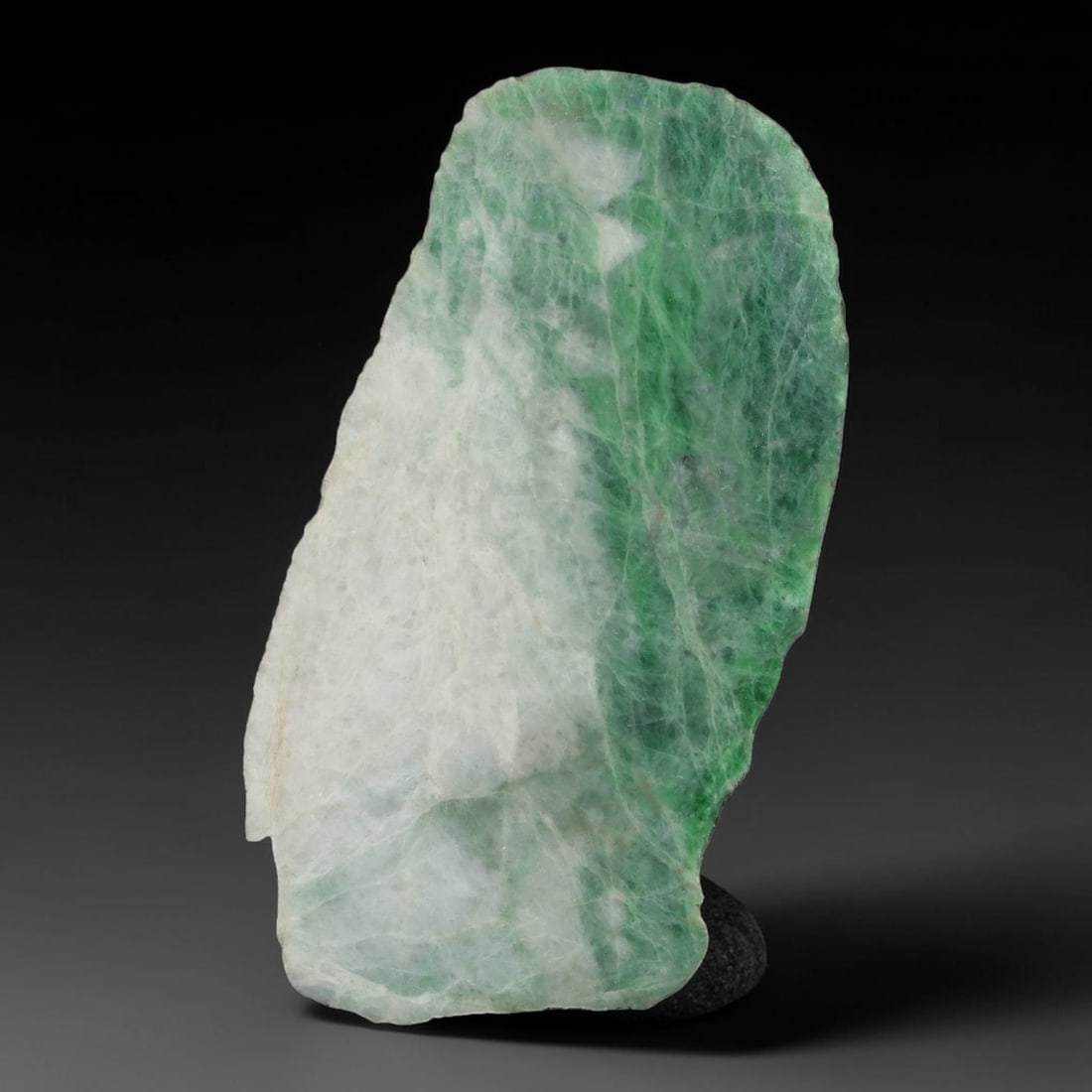 121ct Natural Type A Burmese Jadeite Jade Sliced Rough, 87YN: This specimen is a sliced rough block of natural Type A Burmese jadeite jade. The interior displays natural colour zoning with visible mineral veining and crystalline patterns typical of unprocessed j