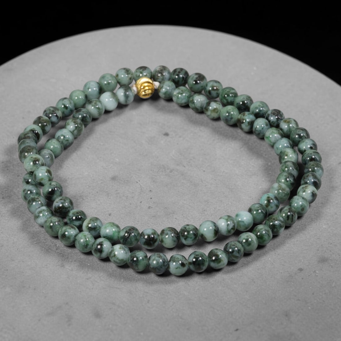 Natural Burmese Type A Floating Flower Jadeite Jade Beaded Necklace, 23WY: Formed from untreated Burmese Type A jadeite material, each spherical bead carries naturally formed floating mineral inclusions scattered evenly throughout the stone structure, finished with refined u