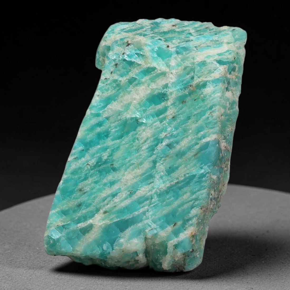 43ct Natural Russian Ural Amazonite Slab Rough, 22WV: This intact amazonite slab features distinct parallel mineral banding running uniformly across its naturally split flat surface within 34x20x6mm slab dimensions, retaining unmodified natural geologica