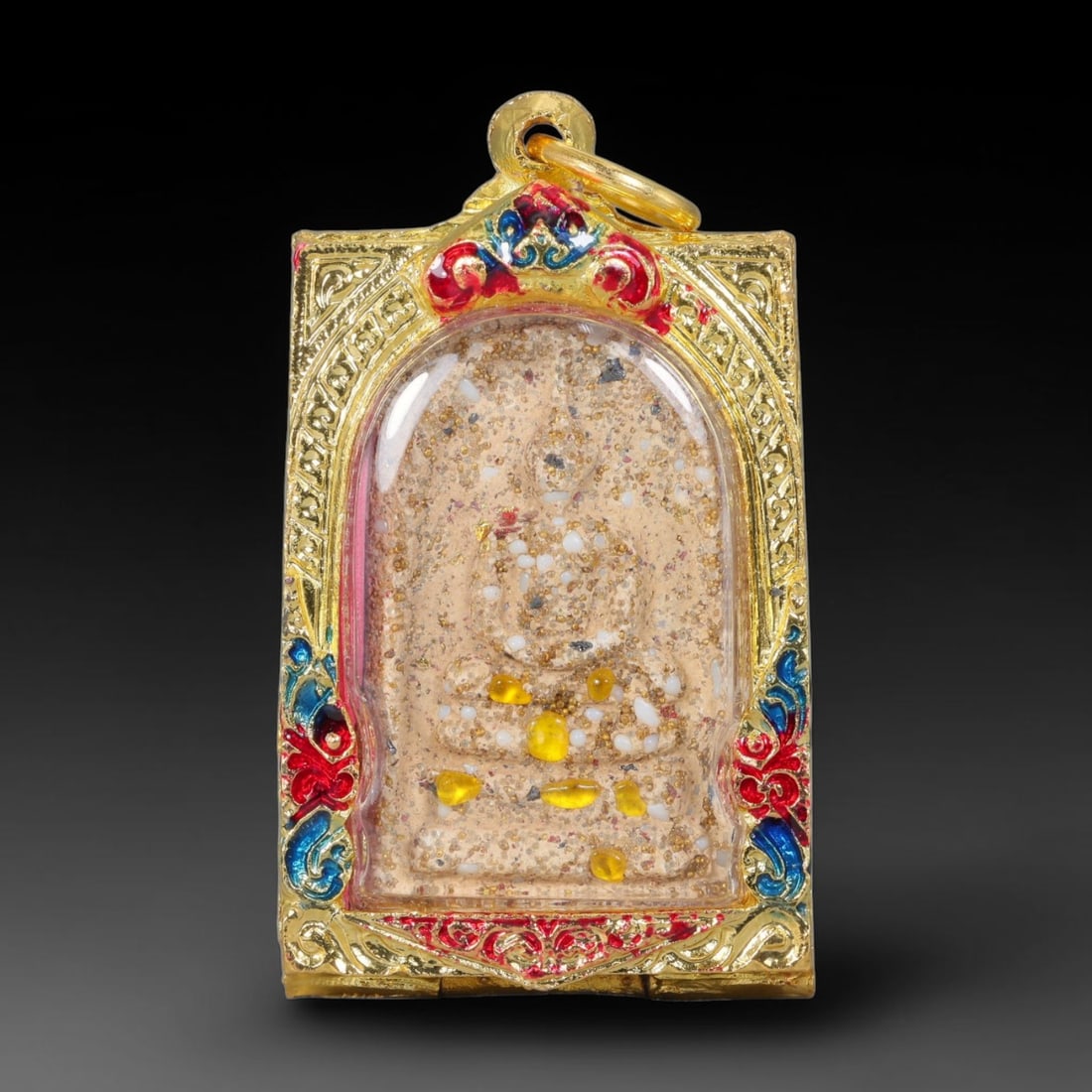 Thai Gilded Clay Metal Amulet Buddhist Votive Pendant, 23ZB: Constructed from fired clay with light gilded finishing layers, the piece uses traditional molded crafting techniques typical of Southeast Asian devotional artifacts. Its rectangular form follows stan