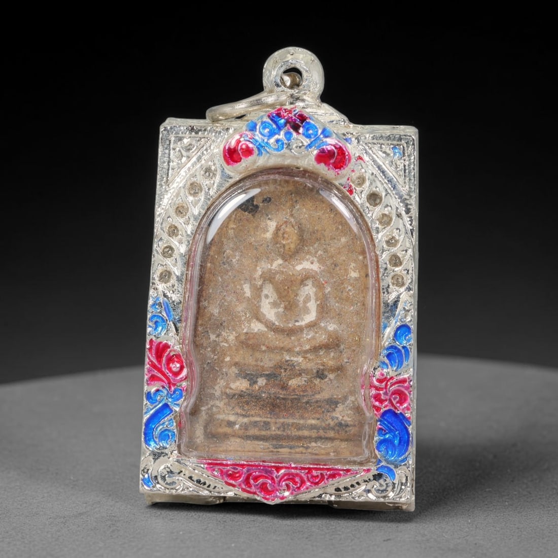 Thai Gilded Clay Metal Amulet Buddhist Votive Pendant, 24ZB: Formed from fired clay with subtle gilded finishing, the artifact uses traditional molded crafting techniques widely seen in Southeast Asian devotional craftwork. Its rectangular shape conforms to sta