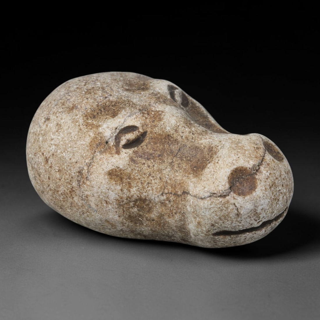 Ancient Medieval Near Eastern Tribal Stone Effigy, 87WT: Carved from pale weathered mineral stone blanketed in mottled brown burial patina, this tribal effigy is shaped as a stylized animal head with minimal recessed incisions marking simplified eye, nostri