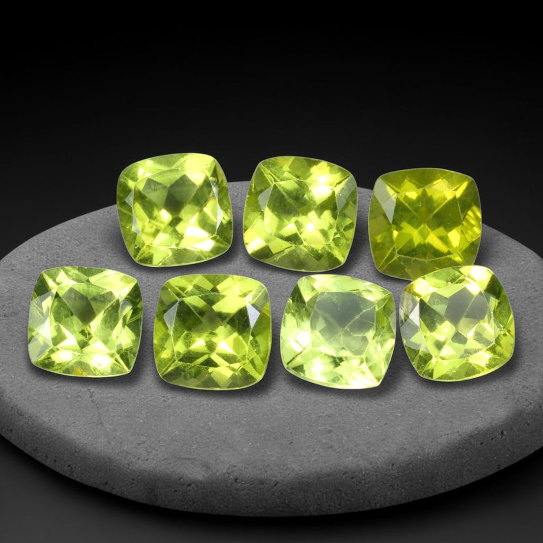 7.17ct Natural Peridot Cushion Faceted Parcel Loose Gemstone, 3WW: Matching parcel of hand faceted natural peridot gemstones featuring vibrant consistent lime-green body tone with subtle natural internal mineral characteristics visible throughout each stone. Every ge