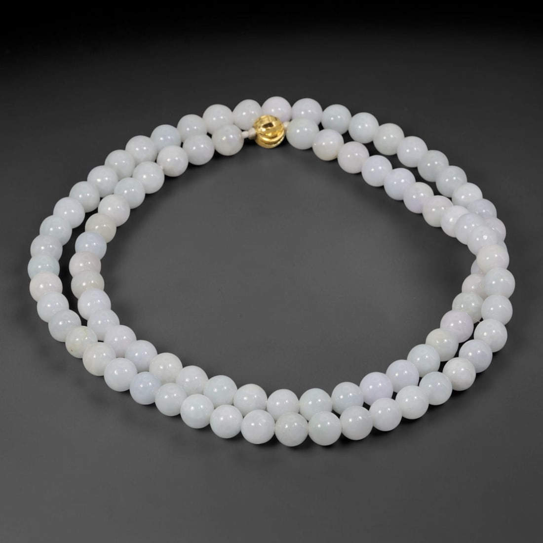 Natural Burmese Type A Pure White Jadeite Jade Beaded Necklace, 7WY: Crafted from natural untreated Burmese Type A jadeite, each spherical bead presents a uniform pale white mineral composition formed by natural geological crystallization, finished with consistent lapi