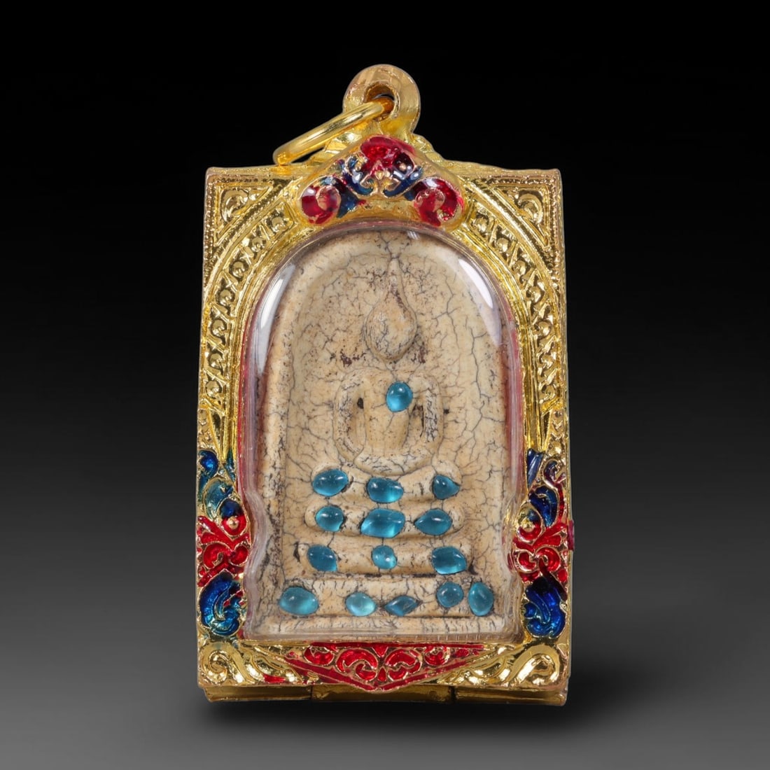 Thai Gilded Clay Metal Amulet Buddhist Votive Pendant, 36ZB: Constructed from fired clay with light gilded finishing layers, the piece uses traditional molded crafting techniques typical of Southeast Asian devotional artifacts. Its rectangular form follows stan