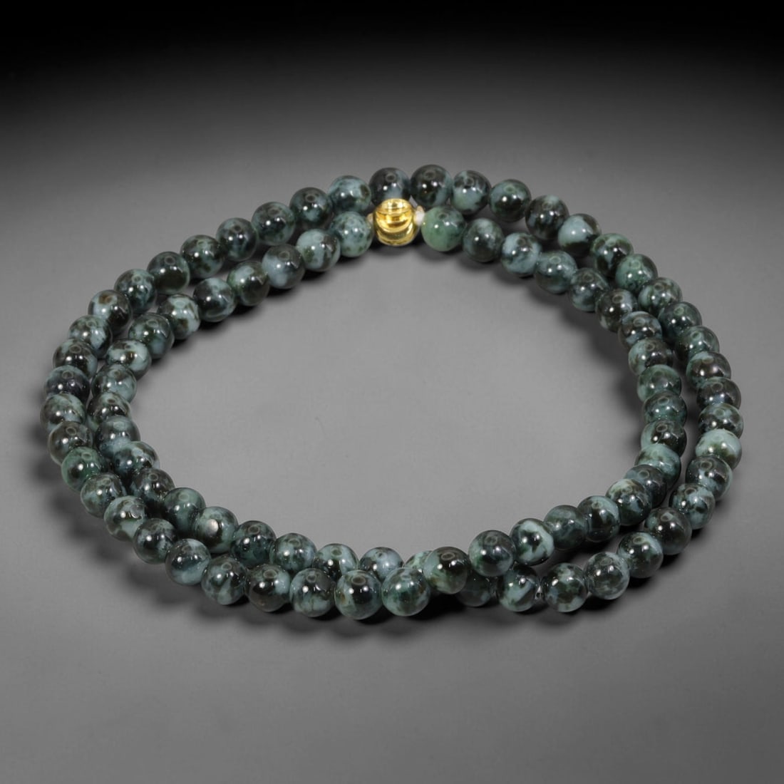 Natural Burmese Type A Ink Black Floating Jadeite Jade Beaded Necklace, 30WY: Fabricated from genuine Burmese Type A jadeite featuring natural ink black floating mineral tones distributed organically within the stone matrix, each bead receives uniform lapidary polishing for a s