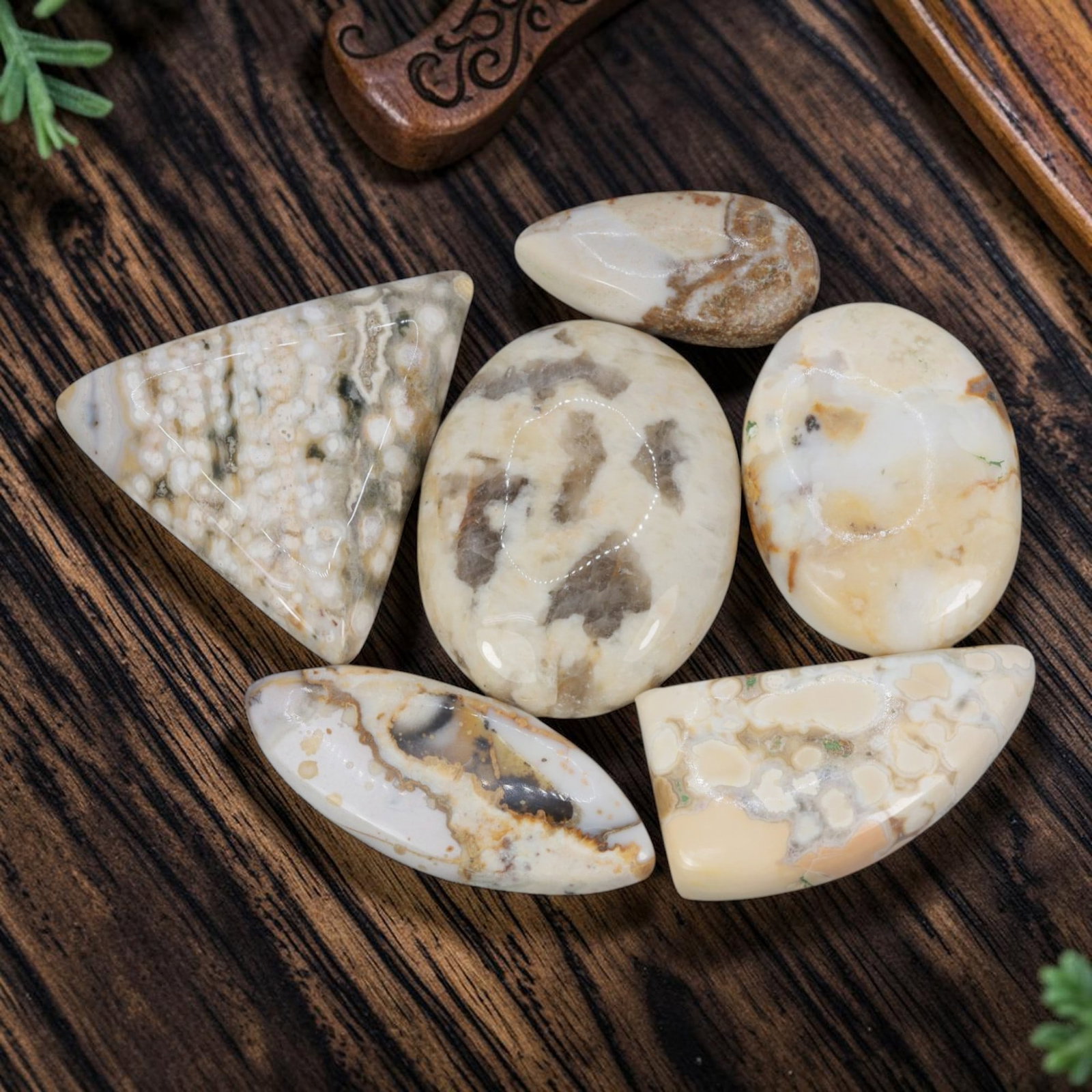 276.17 Carats Natural Snake Jasper Mixed Shape Cabochon Lot, 64WC: I'm happy to present this nice batch of six polished snake jasper cabochons packed with eye-catching natural veined patterning all their own. These little beauties have a creamy off-white and soft pal