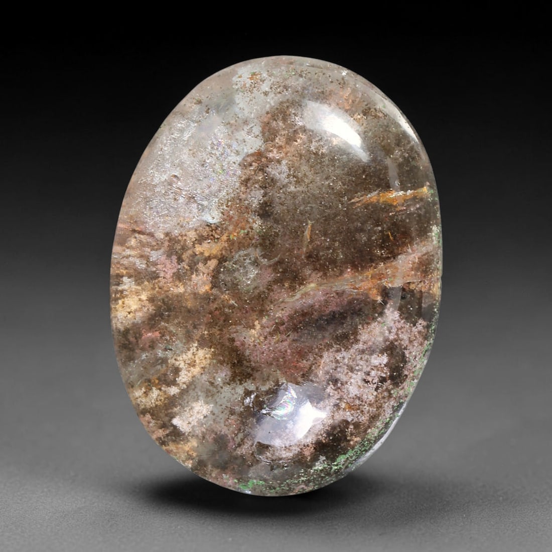 21.34ct Natural Brazilian Phantom Quartz Oval Cabochon Loose Gemstone, 41YX: This smoothly polished cabochon of natural phantom quartz preserves delicate layered phantom crystal formations enclosed inside transparent quartz host. The domed polished surface offers unobstructed 