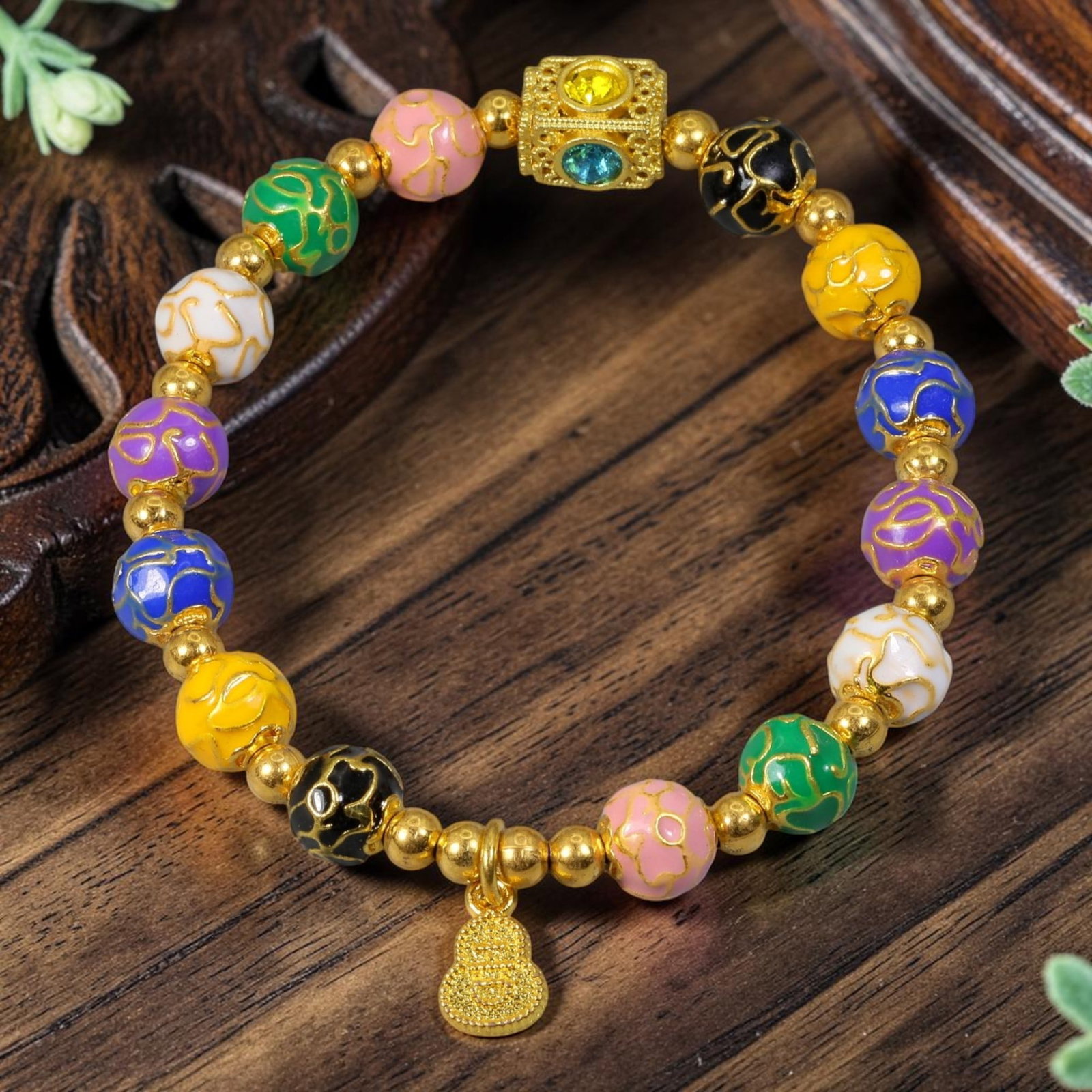 Chinese Cloisonne Enamel Beaded Bracelet - Multi Color Gold Gourd Prosperity Charm, 74YG: This modern Chinese revival stretch bracelet is constructed with round cloisonne enamel beads measuring 7.90 millimeters, each rendered in a unique saturated enamel tone and detailed with raised gold-