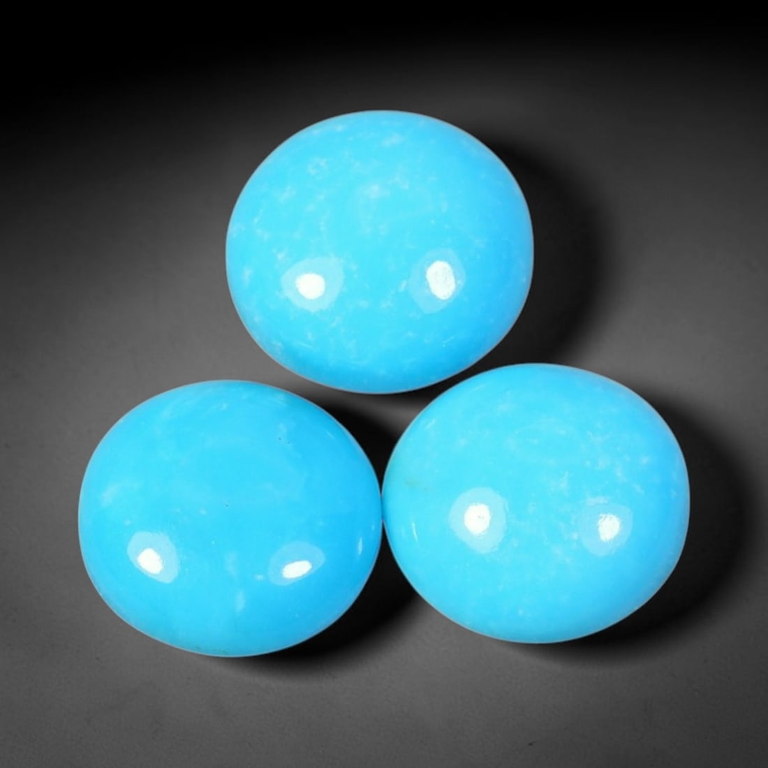 2.50ct 3pcs Natural Sleeping Beauty Turquoise Cabochon Set, 41XZ: Complete matching set of hand polished Sleeping Beauty turquoise cabochons, featuring iconic vivid sky-blue saturated body color dotted with natural muted golden-brown matrix speckles and minor minera