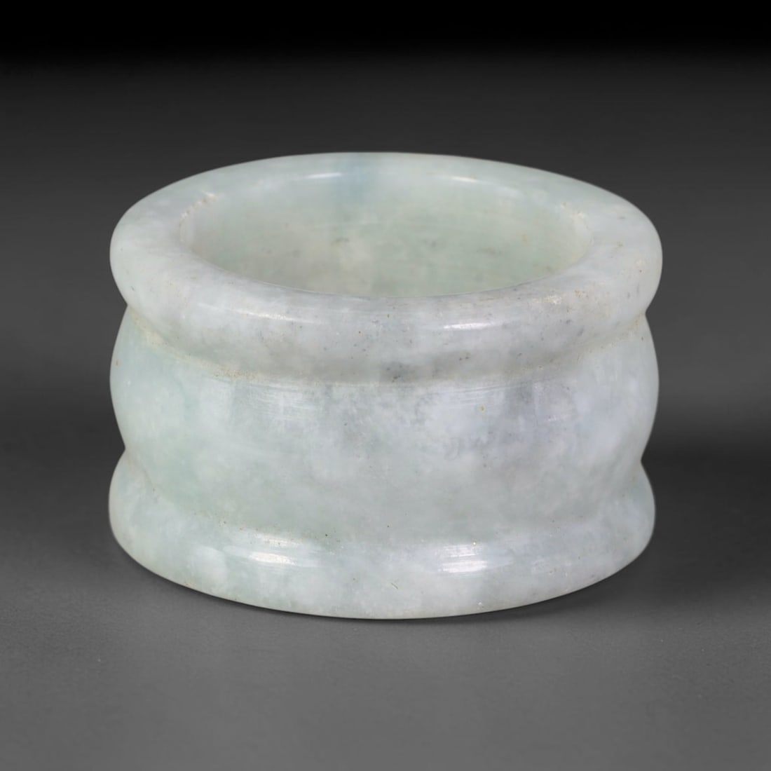 Natural Burmese Type A Jadeite Jade Band Ring Size US 9.75, 2TB: Fashioned from untreated natural Burmese Type A jadeite jade, this solid stone band carries a smooth polished finish showcasing milky pale base tones blended with soft natural green mineral undertones