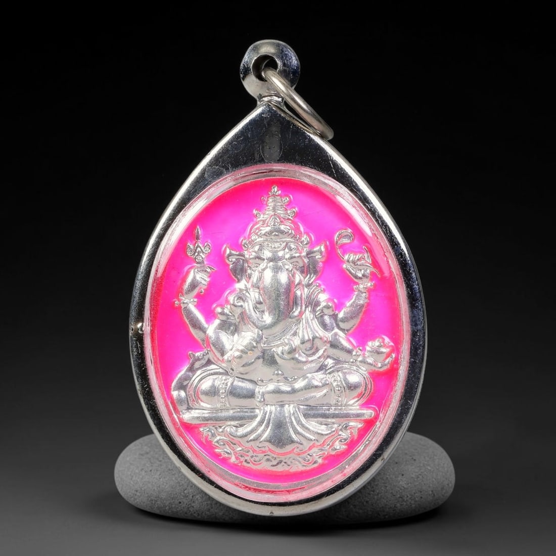 Thai Ganesha Elephant God Dual-Sided Silver Plated Metal Casing Amulet, 60YY: Teardrop-shaped Thai Ganesha deity amulet with silver metal core sealed under clear transparent cover, encased in polished silver-plated metal casing with matching silver-toned metal loop. Size: 5.5x3
