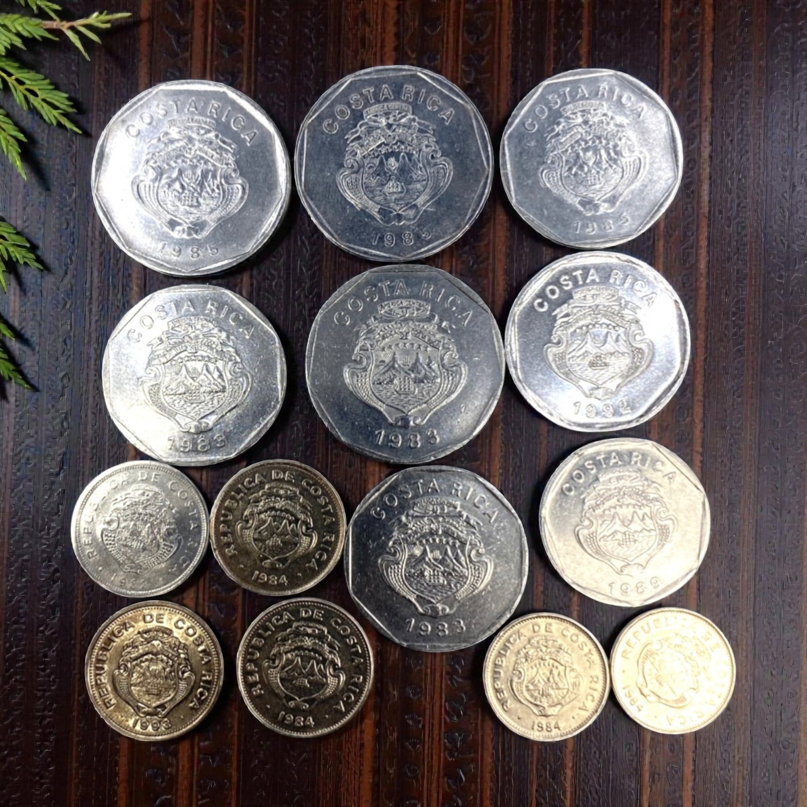 COSTA RICA: Peace & Democratic Continuity - 14-Piece Colon Coins Set, 1963-1993, 20-30mm, 55ZJ: This comprehensive 14-Piece Coins Set of Costa Rican Colon coins, minted between 1963 and 1993, spans three decades of the nation's commitment to democratic stability and pacifism. Ranging from 20 to 