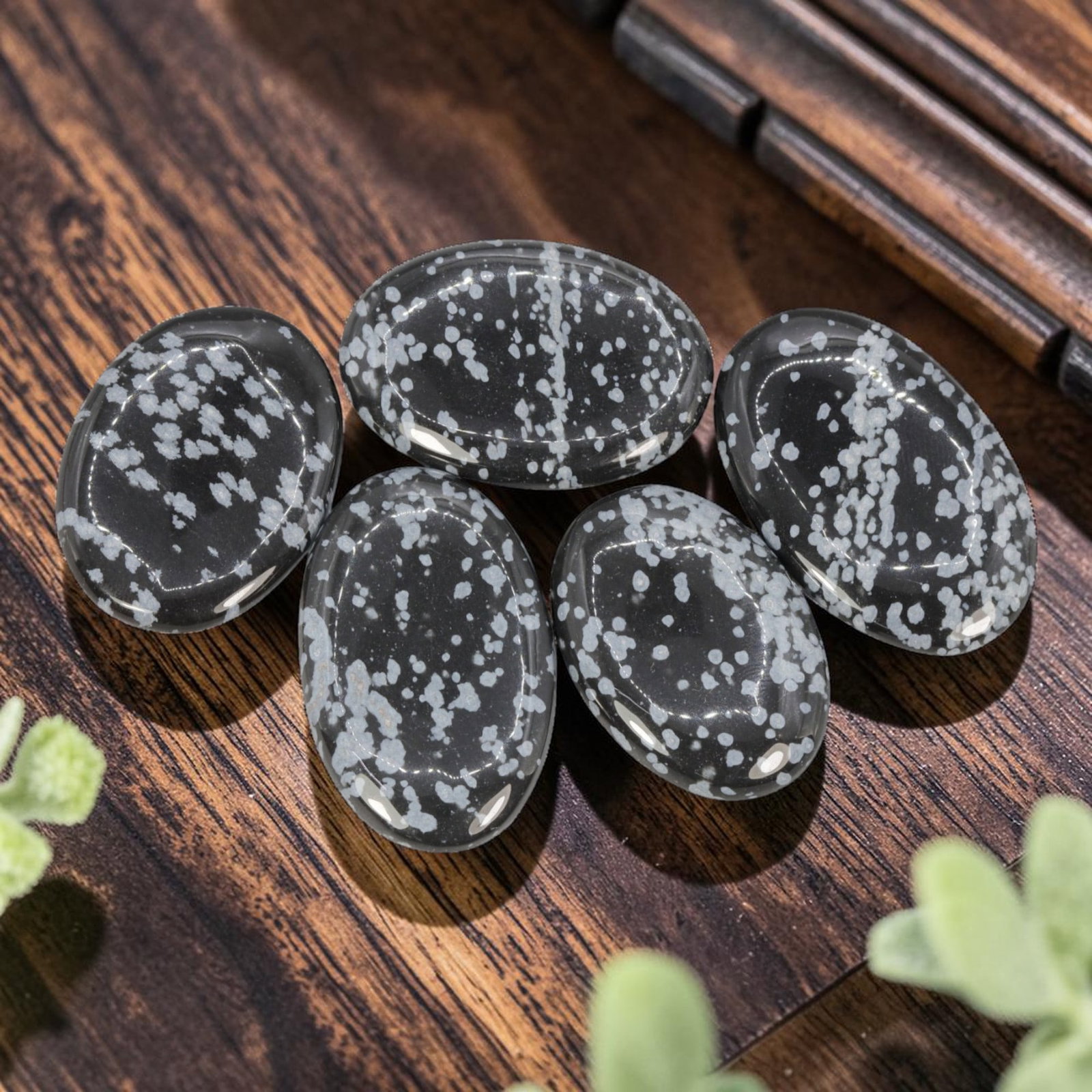 184.67 Carats Natural Snowflake Obsidian Oval Cabochon Lot, 83WC: I've got a real nice parcel here to show you, five smoothly polished oval snowflake obsidian cabochons with striking natural speckled detailing all their own. These little beauties feature a rich, dee
